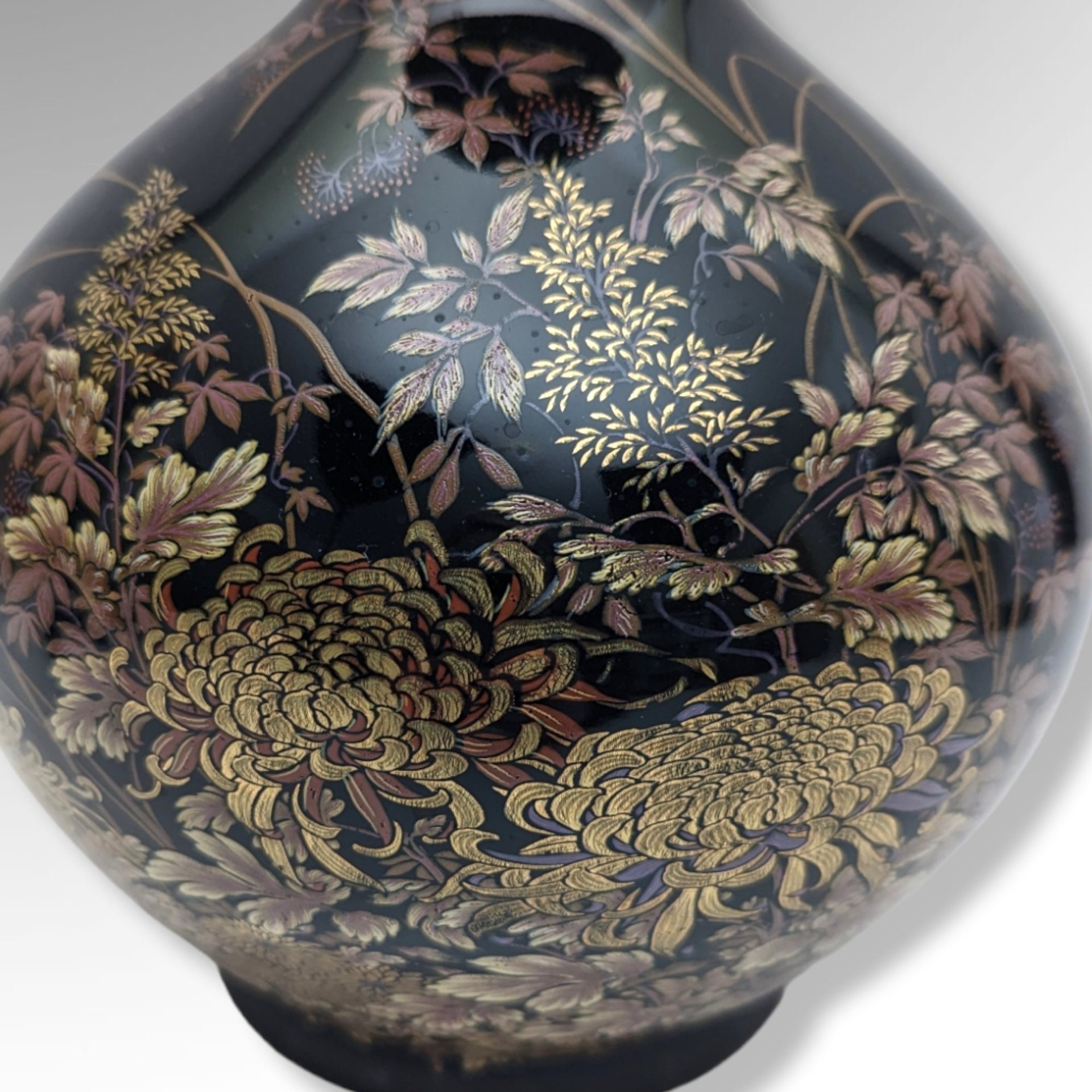 Shibata Japan Black Floral Porcelain Vase