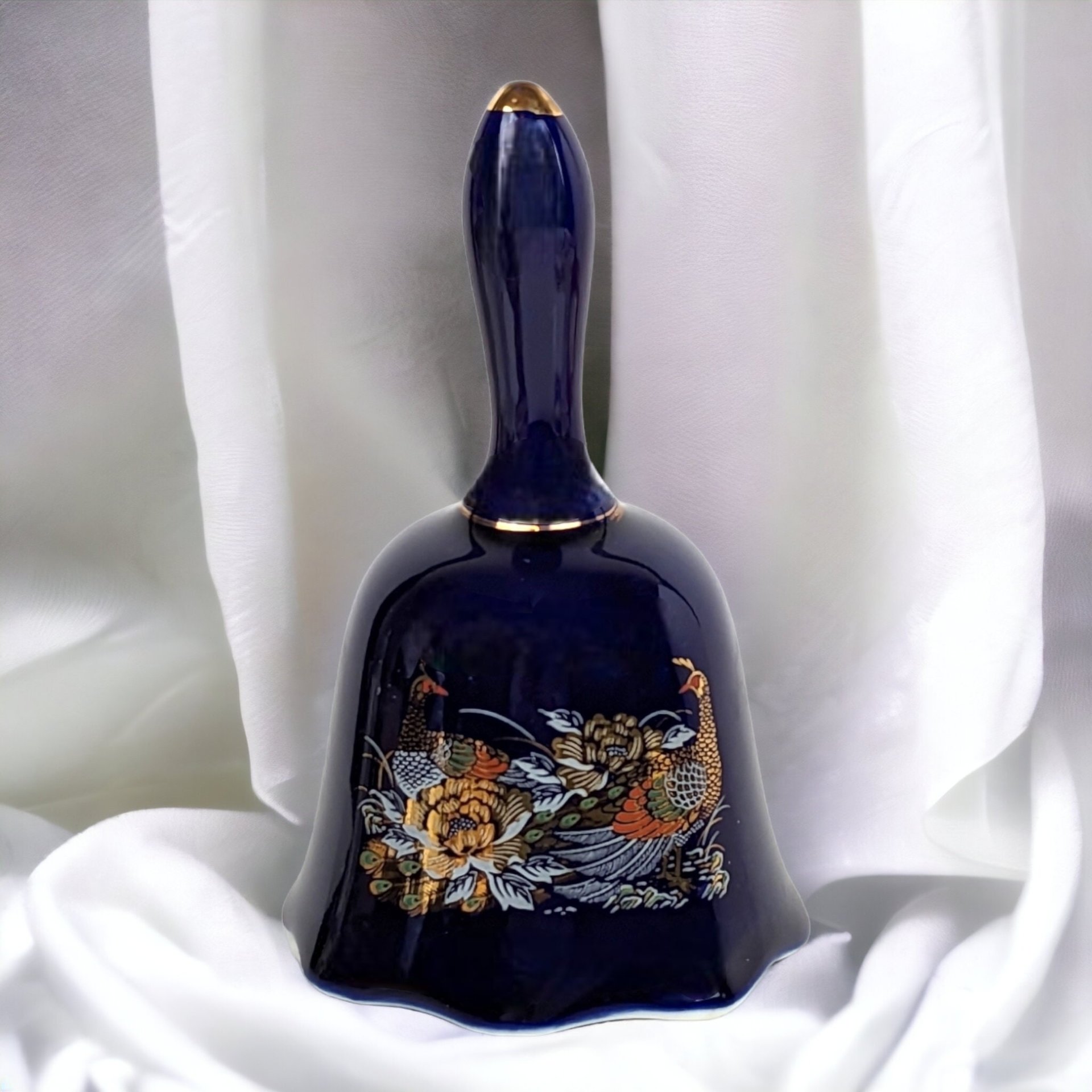 Cobalt Blue Ceramic Asian-Style Bell with Peacock Design - Artistic Home Decor