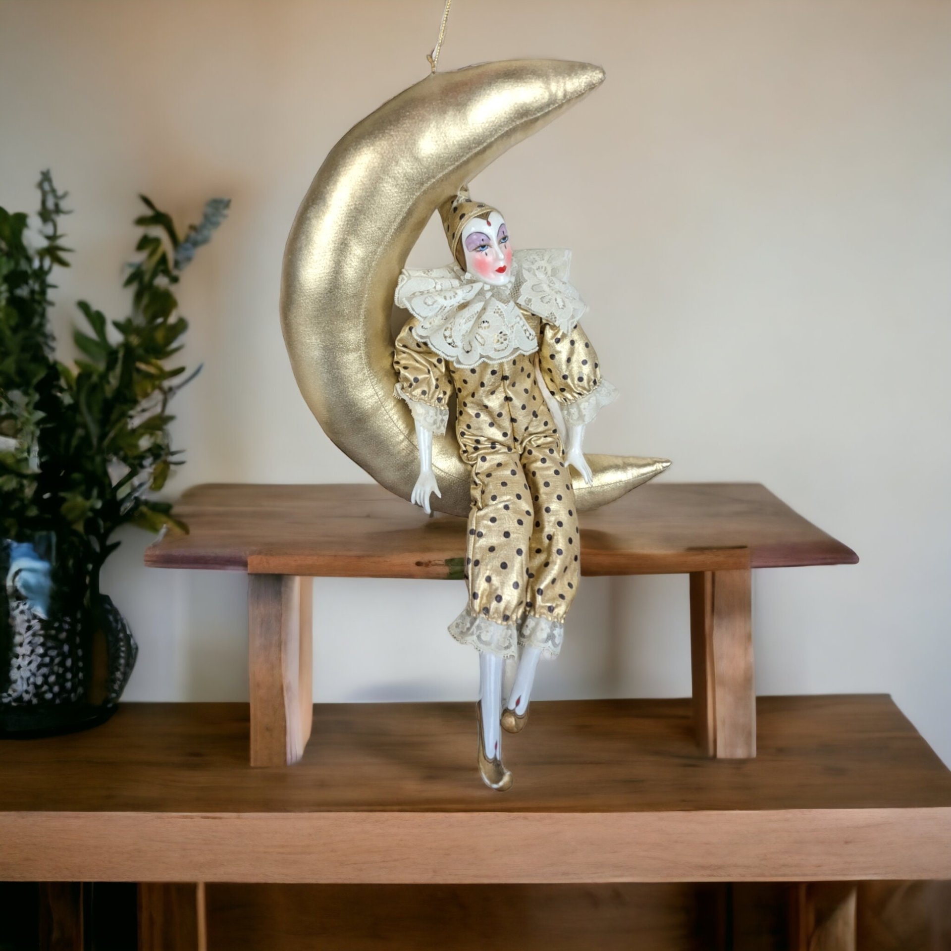 Porcelain 18" Harlequin on a Moon Doll Wall Hanging - Whimsical Decor Accent