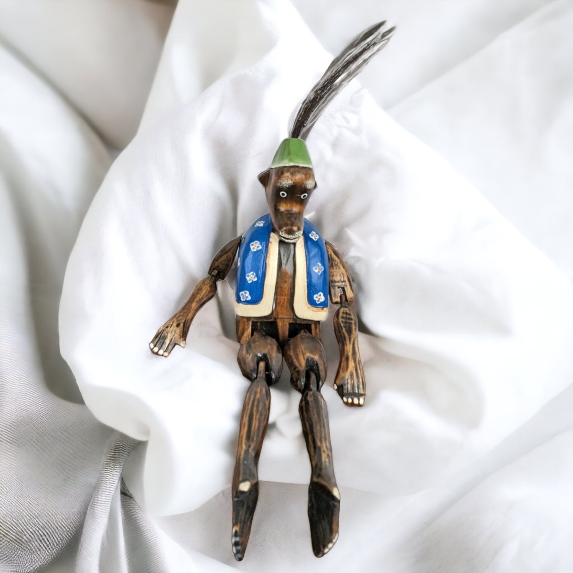 Vintage Wooden Hinged Monkey Shelf Sitter - Whimsical Home Decor