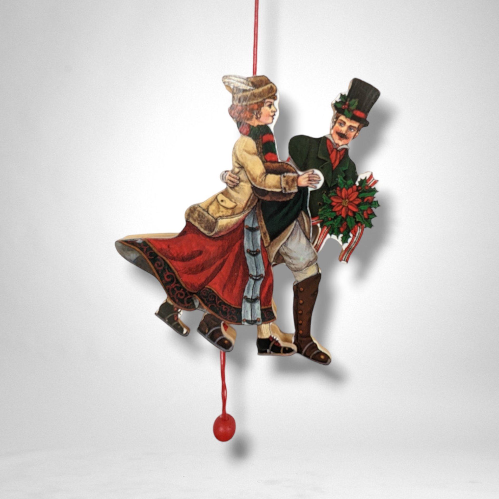Vintage ROC Wood Ornament Couple with Pull String: Charming Decorative Collectible