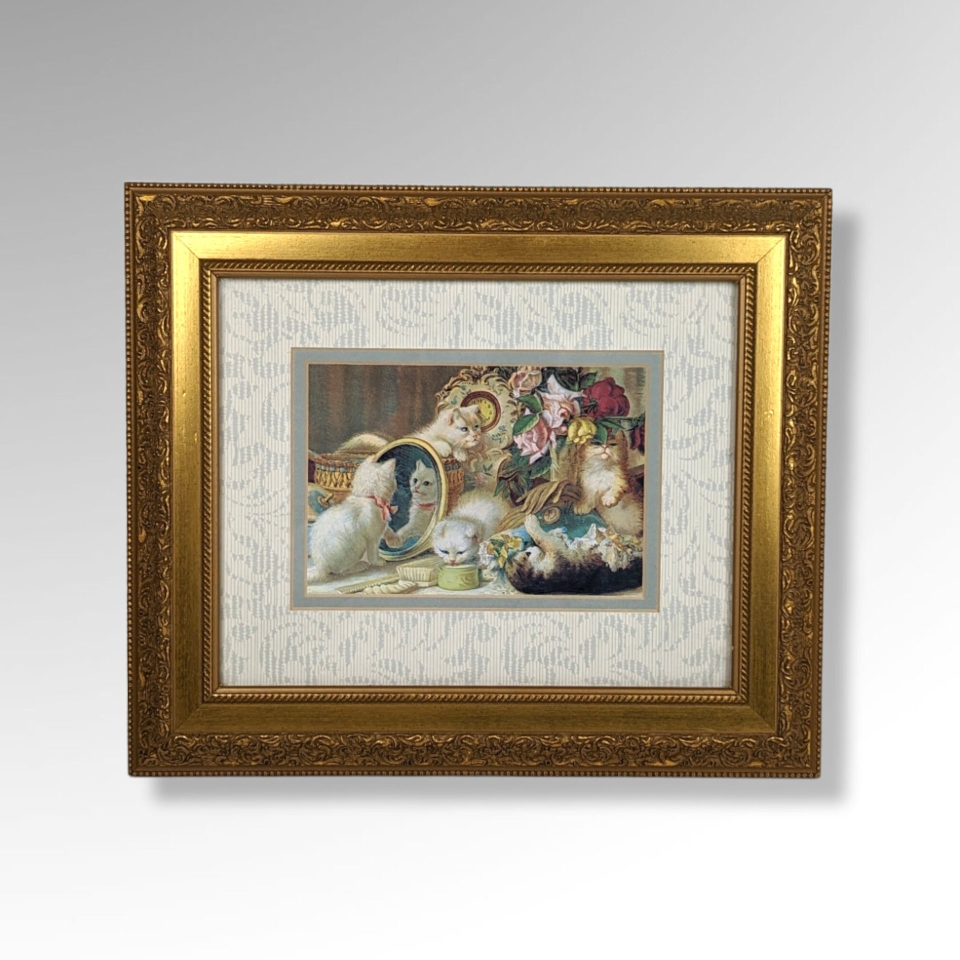 Charming Vintage Framed Print: Kittens on Vanity