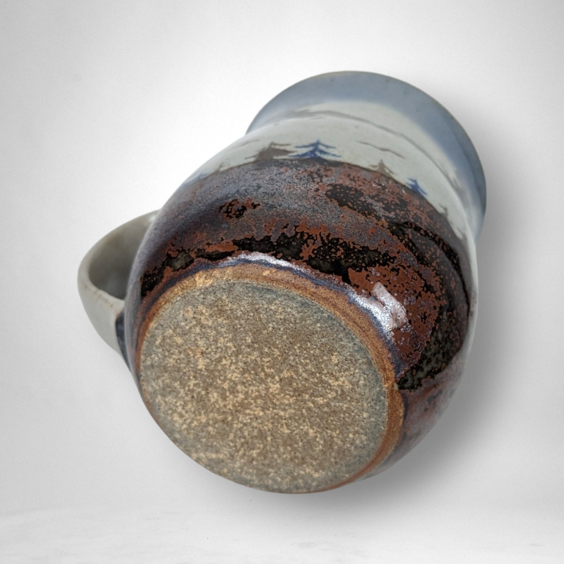 Vintage Glazed Pottery Mug with Scenery of Trees and Birds