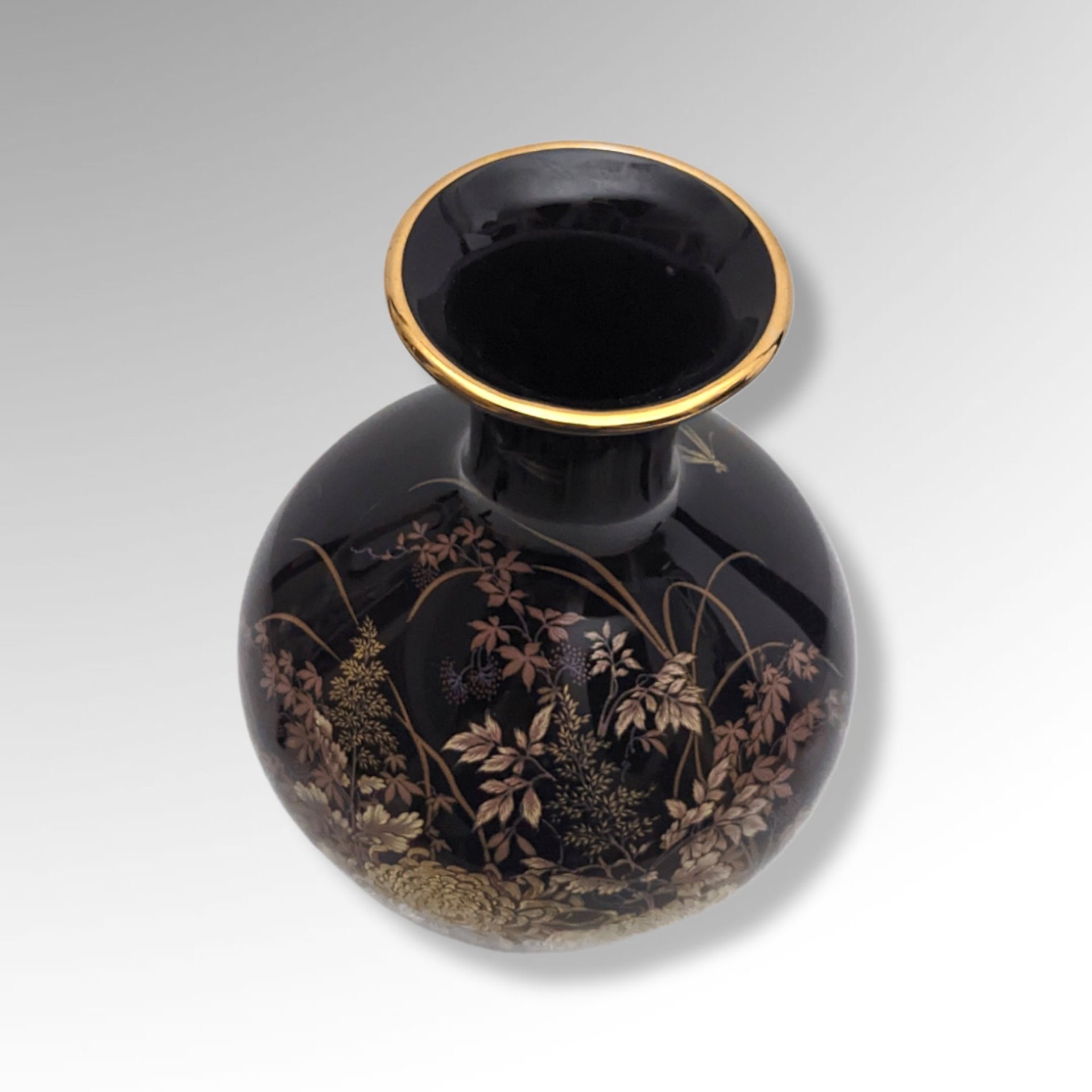 Shibata Japan Black Floral Porcelain Vase