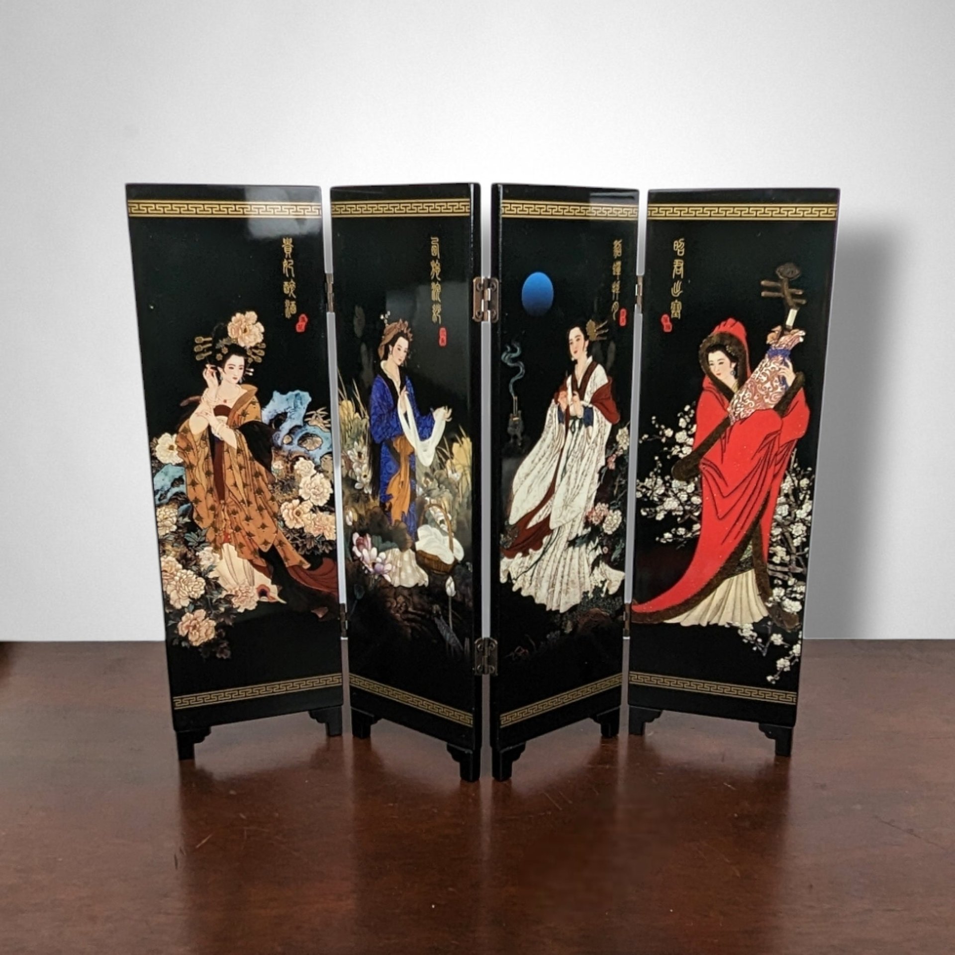 Black Laquer Asian Tabletop Hand Painted Screen