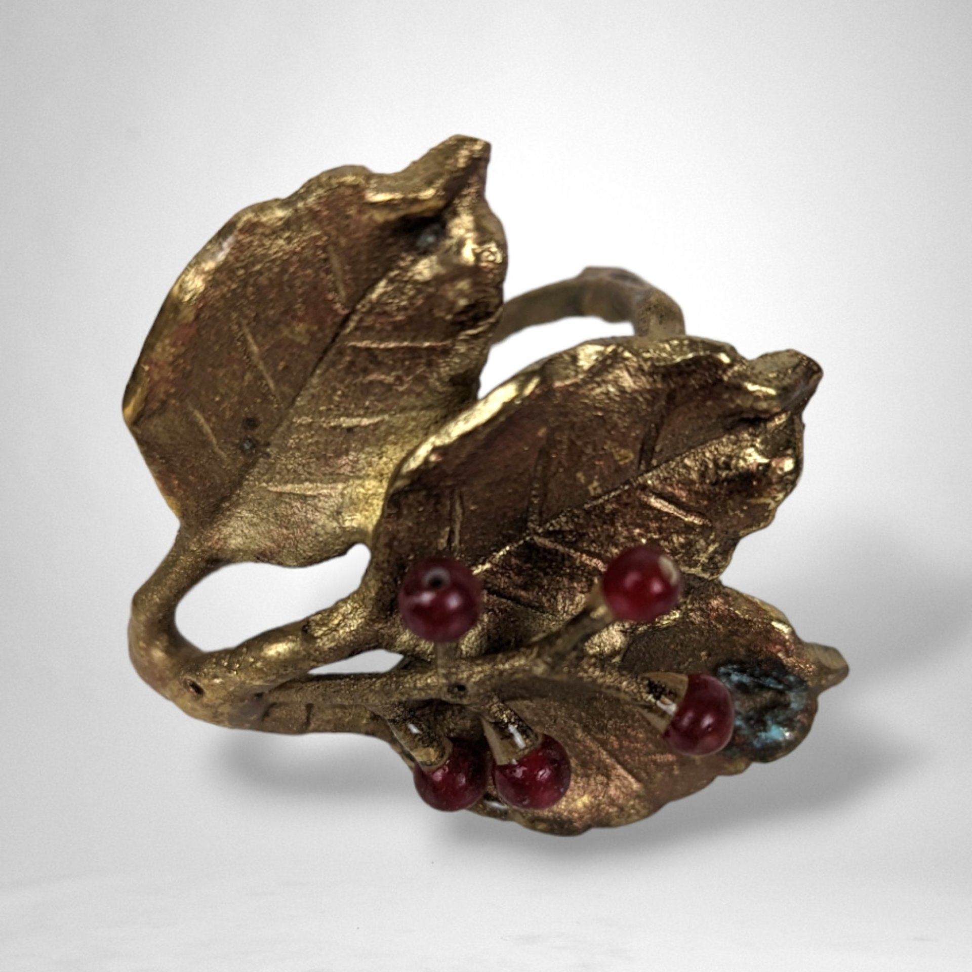 Set of 8 Vintage Brass Leaf Shaped Napkin Rings with Red Berries