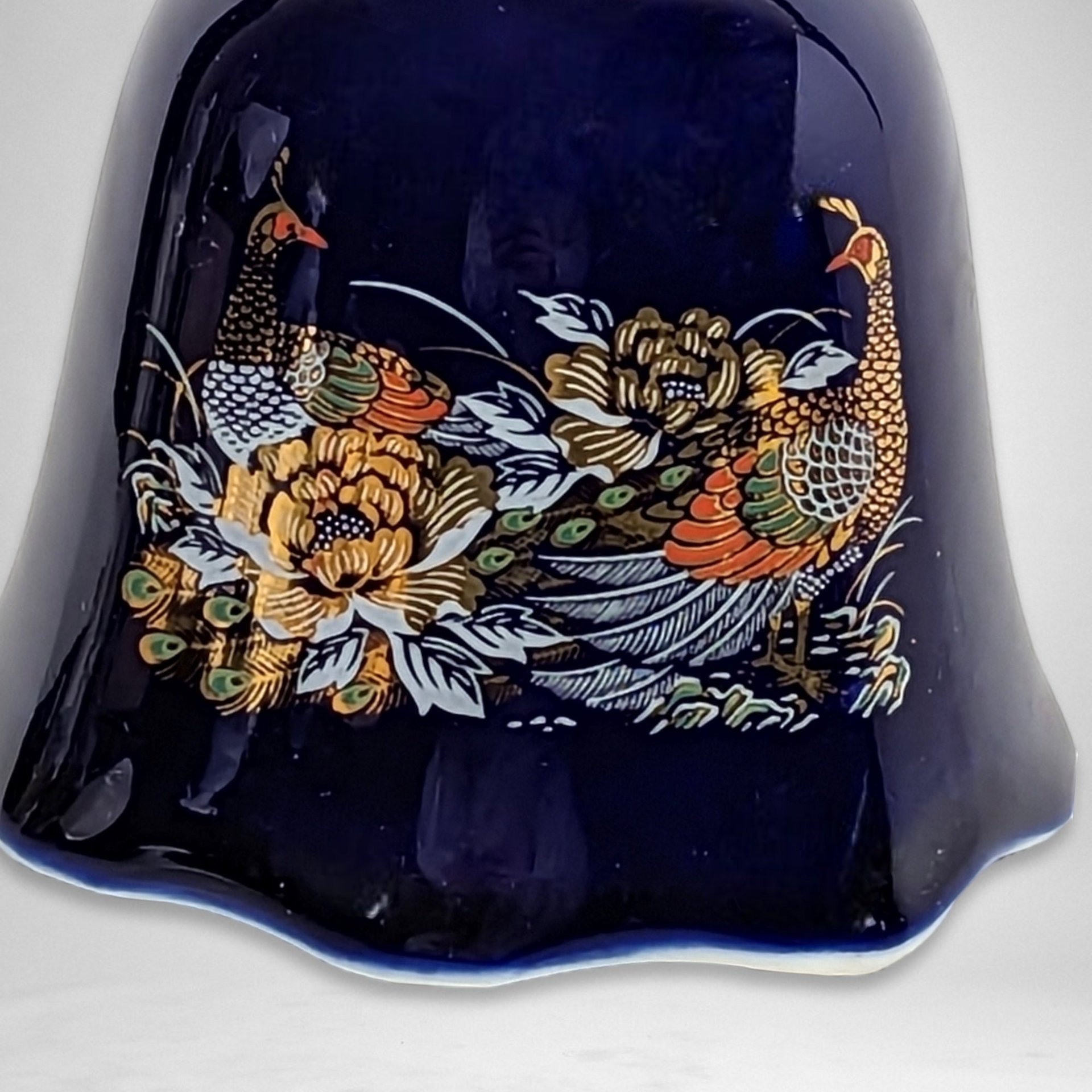 Cobalt Blue Ceramic Asian-Style Bell with Peacock Design - Artistic Home Decor