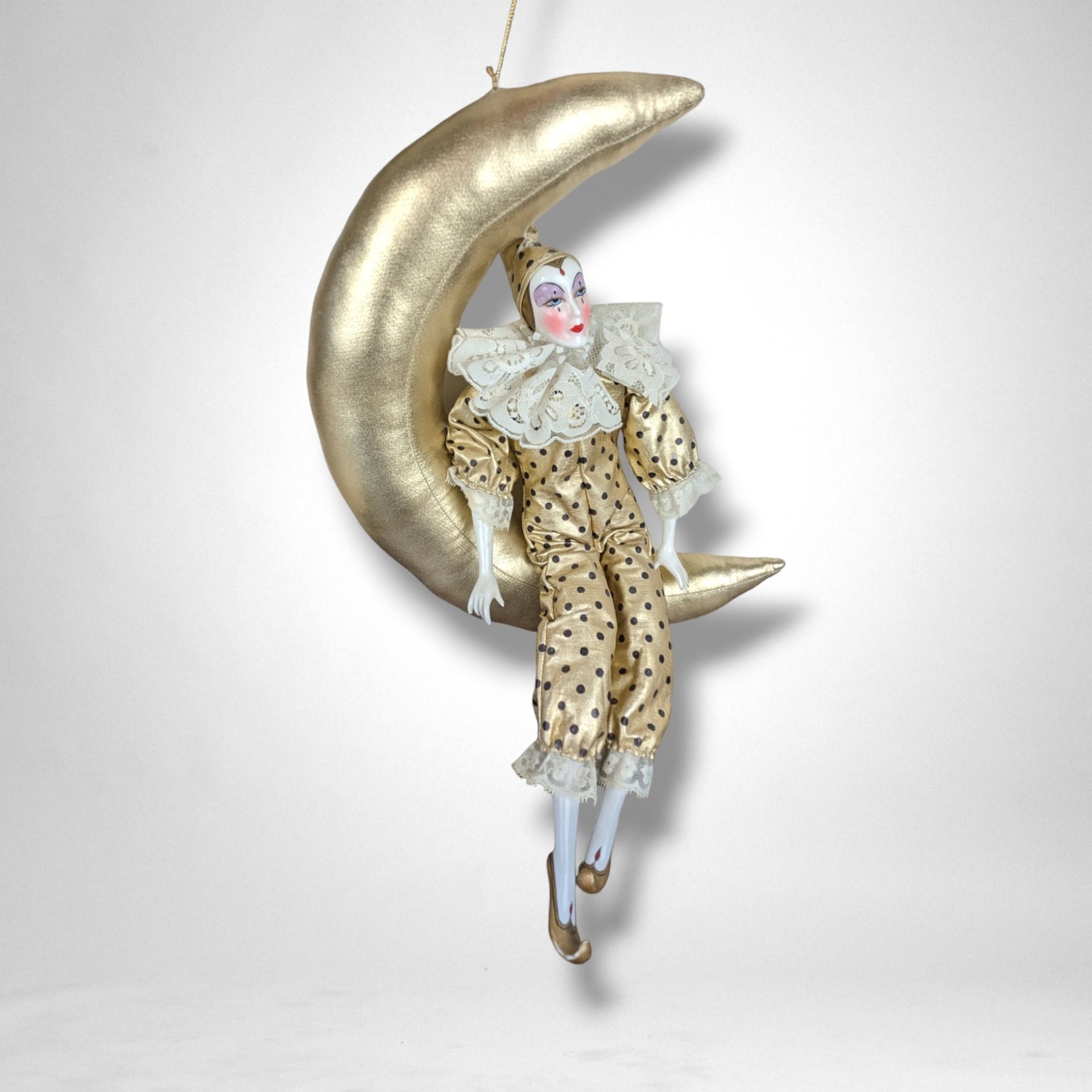 Porcelain 18" Harlequin on a Moon Doll Wall Hanging - Whimsical Decor Accent