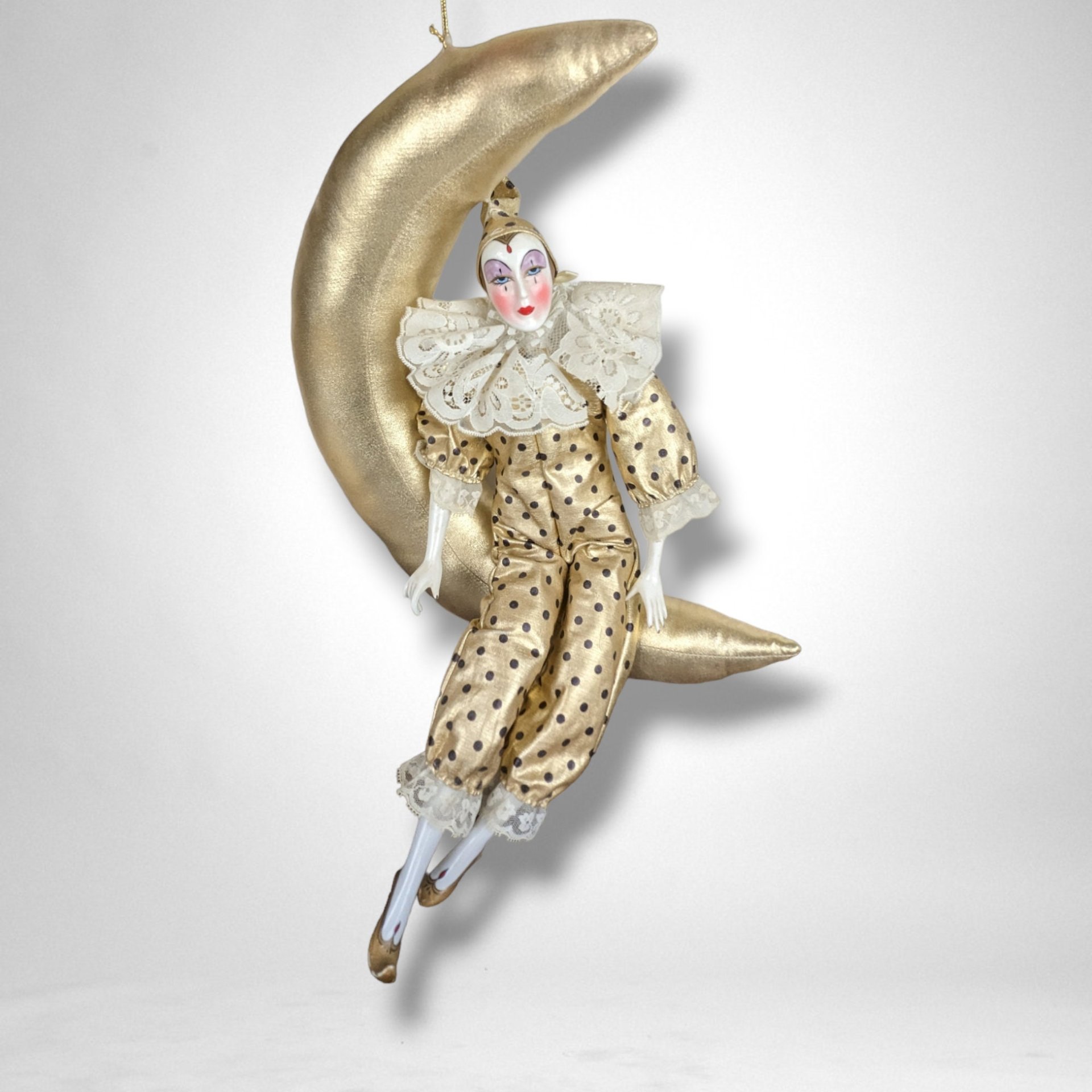 Porcelain 18" Harlequin on a Moon Doll Wall Hanging - Whimsical Decor Accent