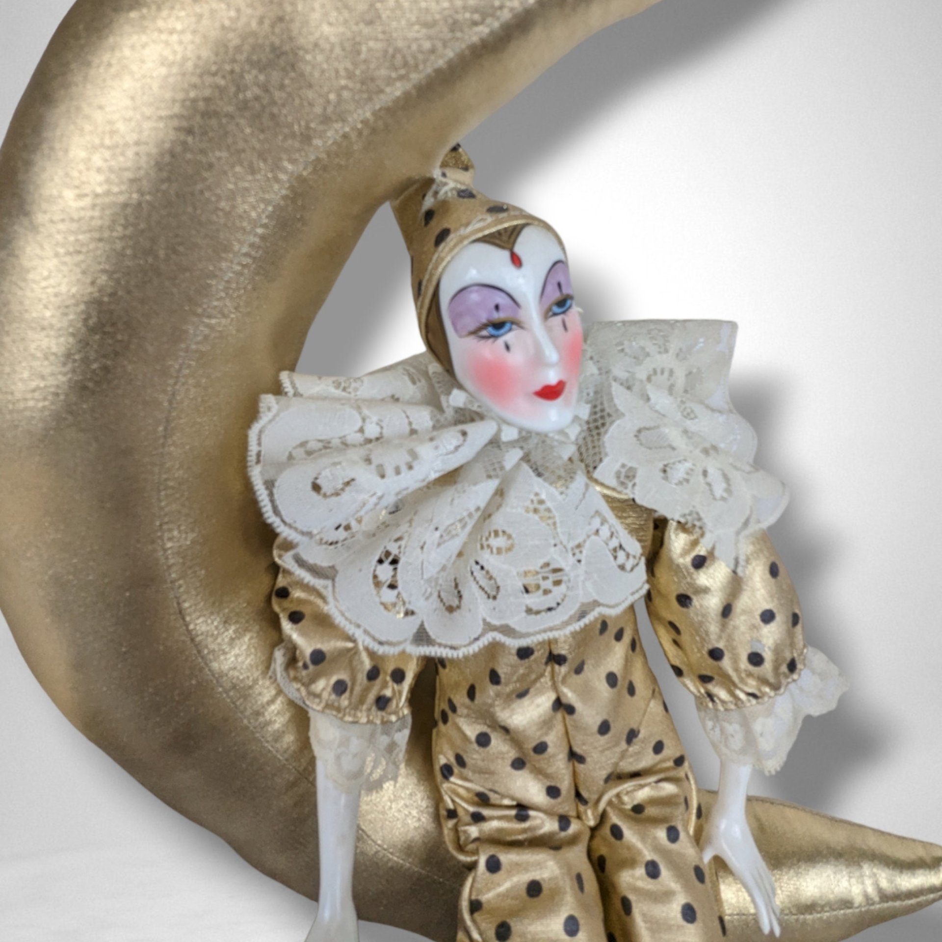 Porcelain 18" Harlequin on a Moon Doll Wall Hanging - Whimsical Decor Accent