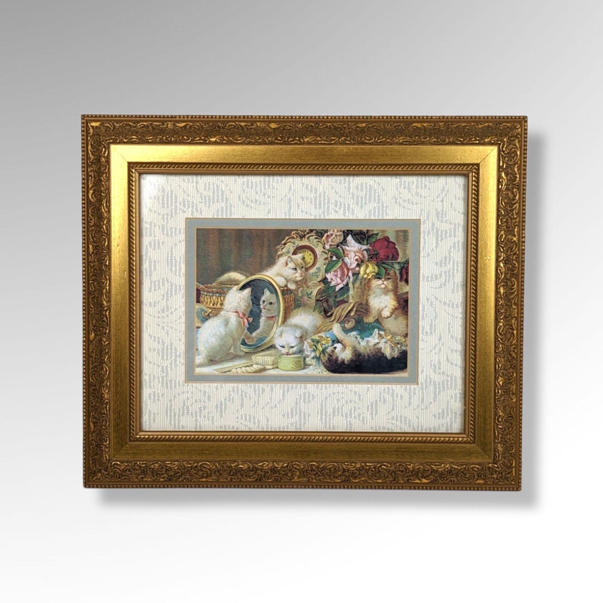 Charming Vintage Framed Print: Kittens on Vanity