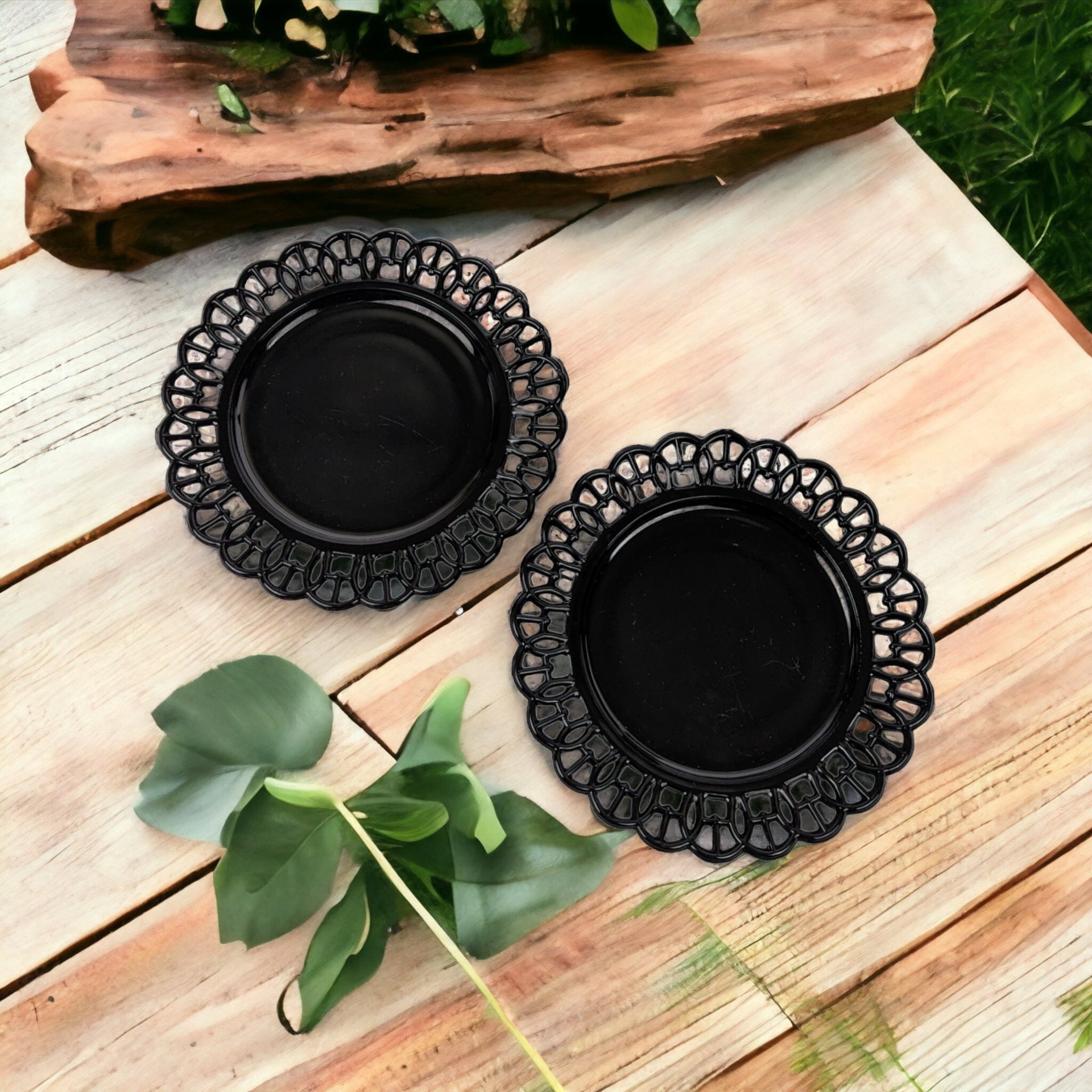 Pair of Black Atterbury & Co Wicket Border Black Glass Plates