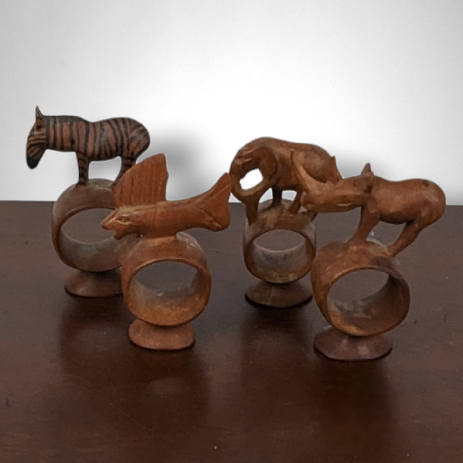 Set of 4 Hand Carved Animal Napkin Rings from Congo