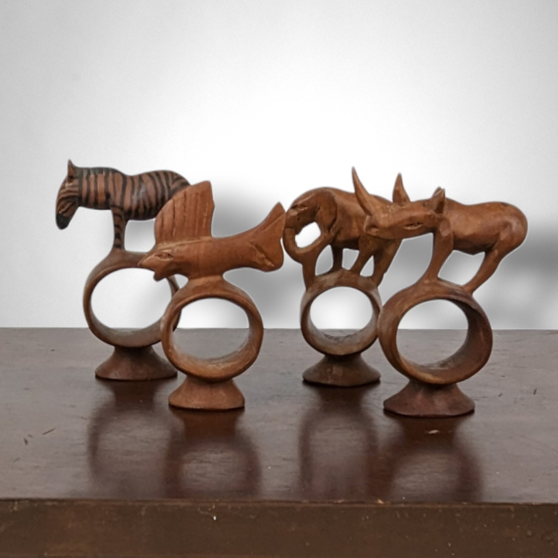 Set of 4 Hand Carved Animal Napkin Rings from Congo
