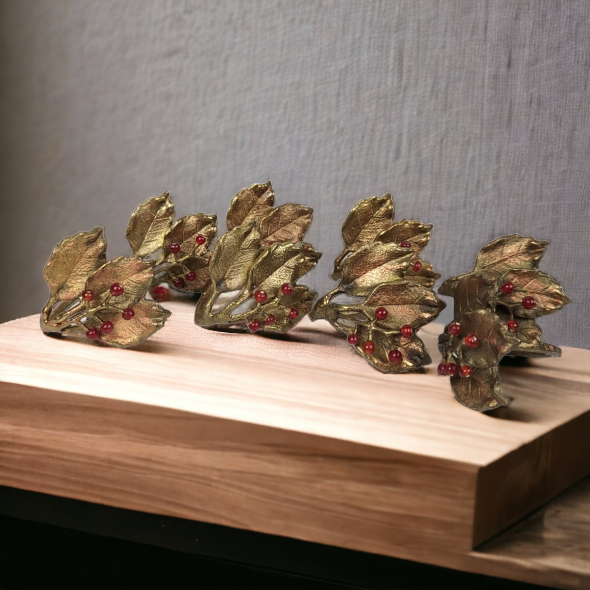 Set of 8 Vintage Brass Leaf Shaped Napkin Rings with Red Berries