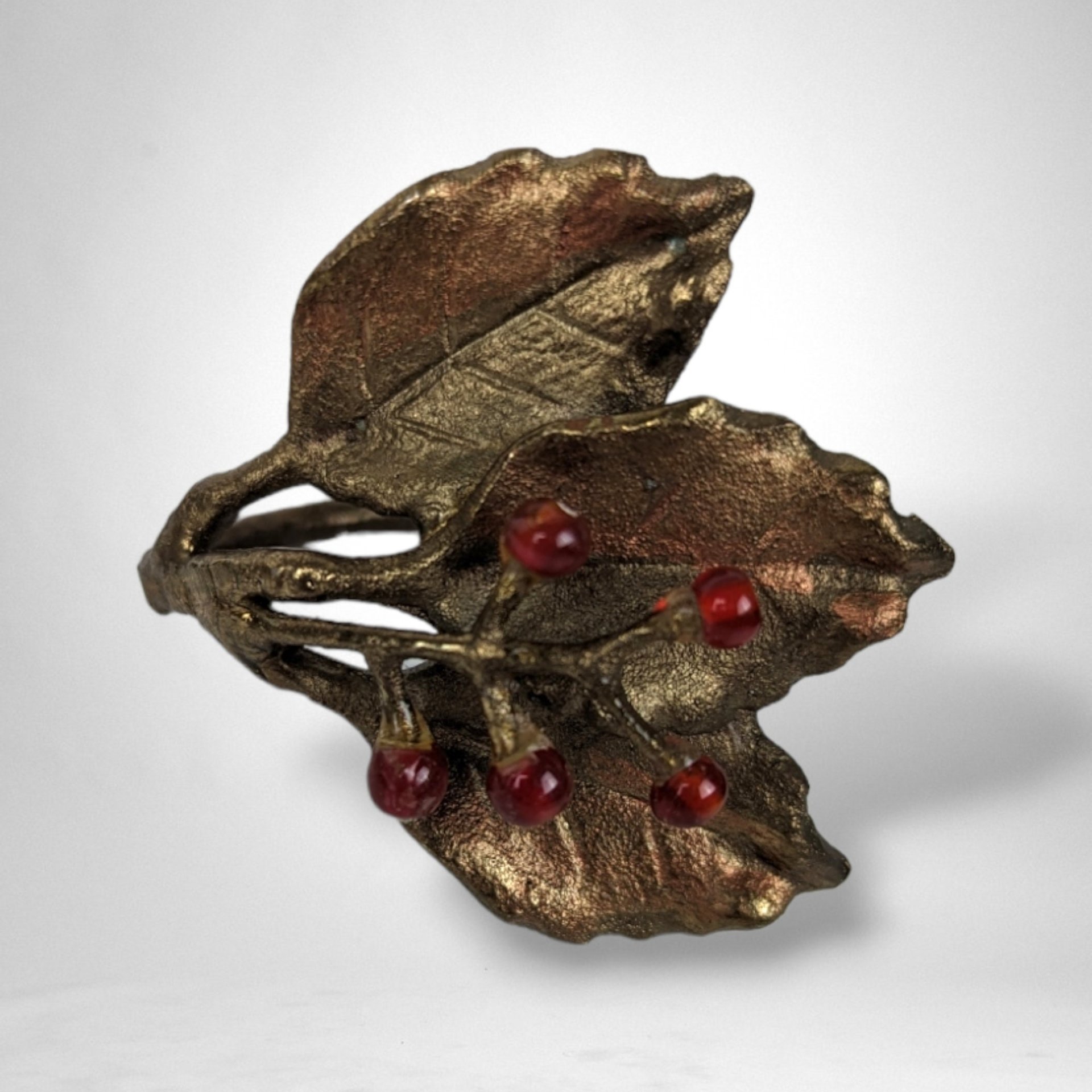 Set of 8 Vintage Brass Leaf Shaped Napkin Rings with Red Berries