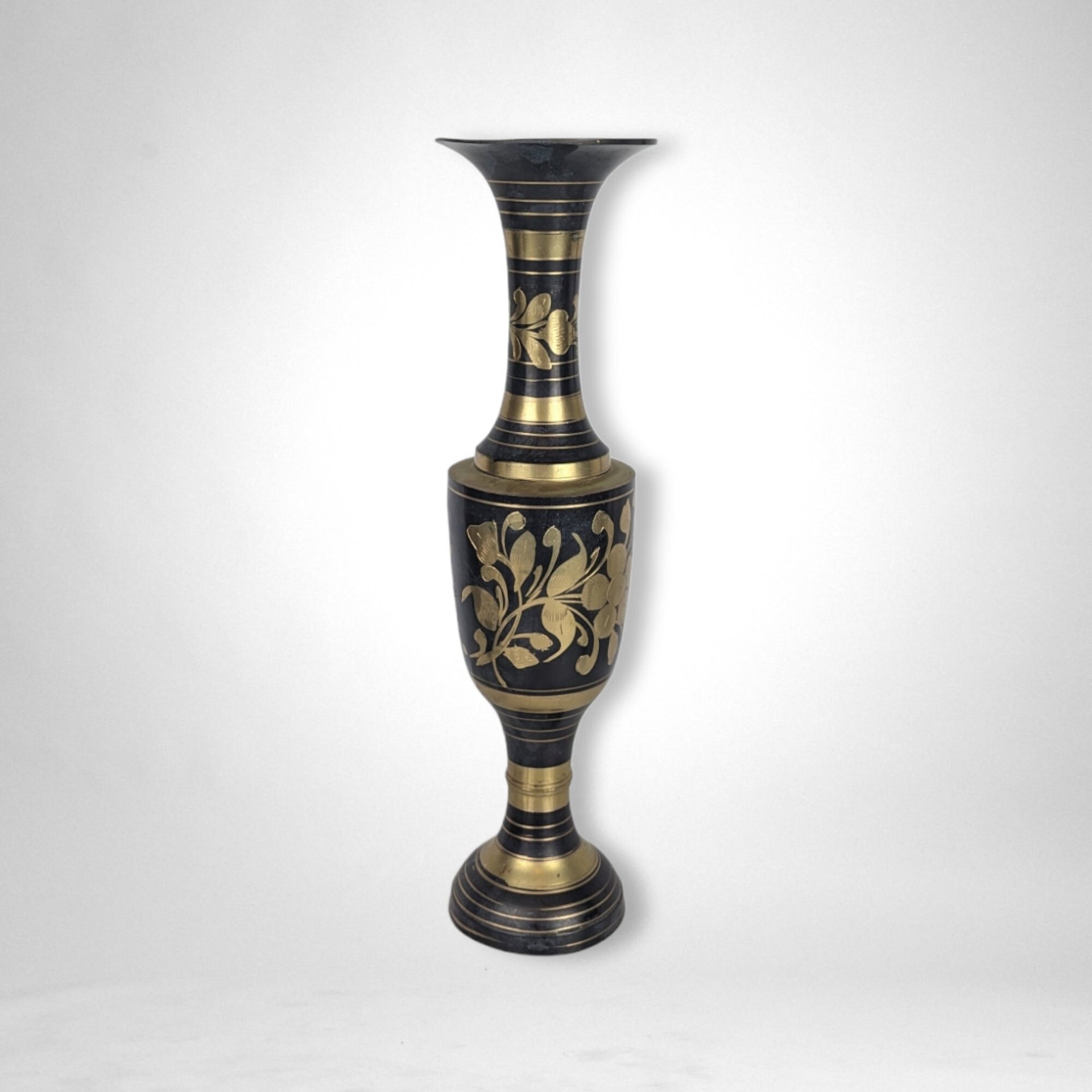 Exquisite Elegance: Vintage Brass and Black Vase from India