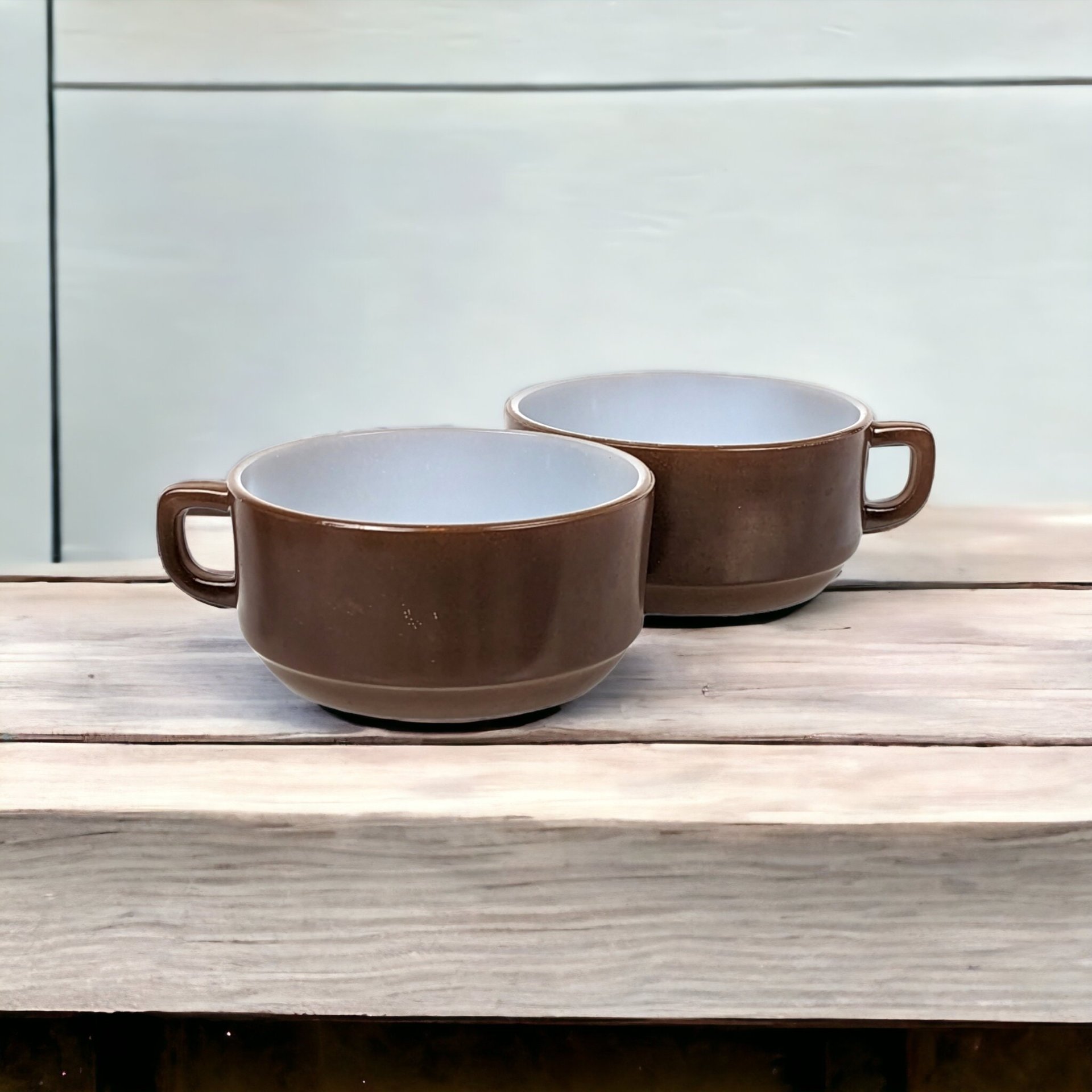 Pair of Anchor Hocking Fire King Brownstone Soup Mug Pair