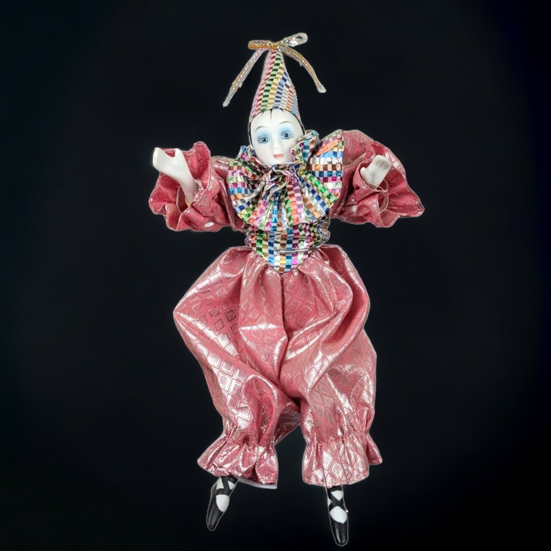 Vintage 10" Harlequin Doll in Pink with Stand