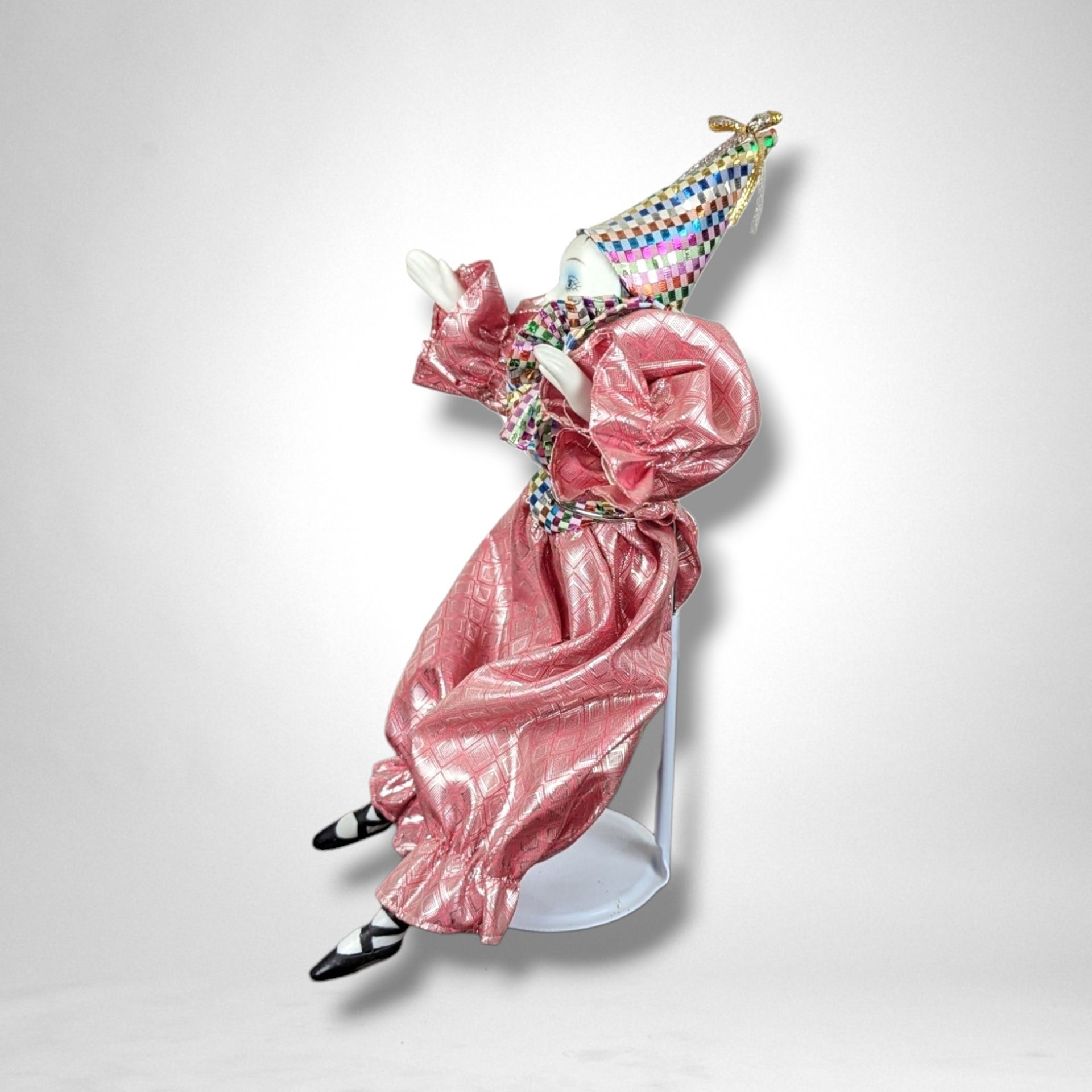 Vintage 10" Harlequin Doll in Pink with Stand