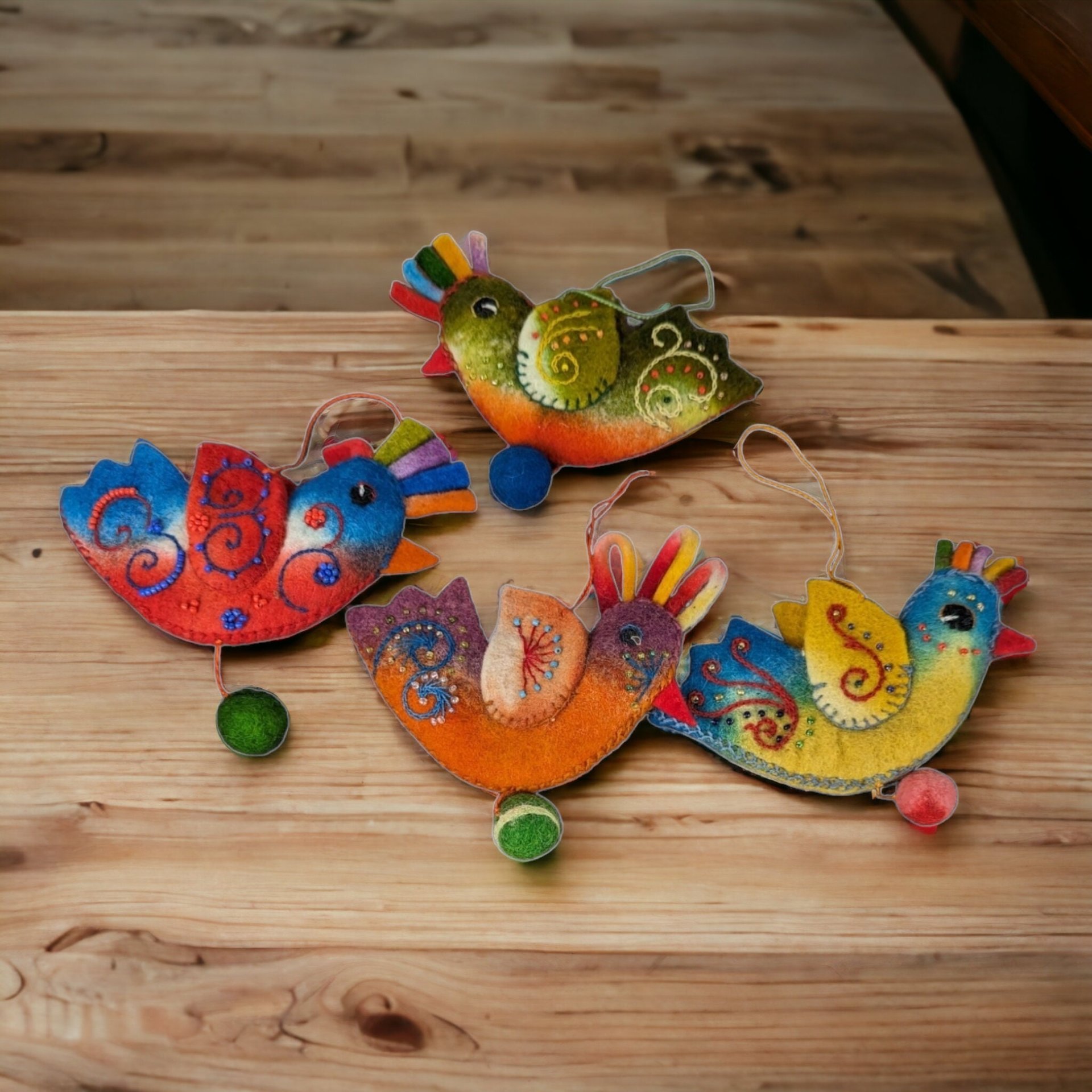 Set of 4 Felt Bird Ornaments - Charming Holiday Decor