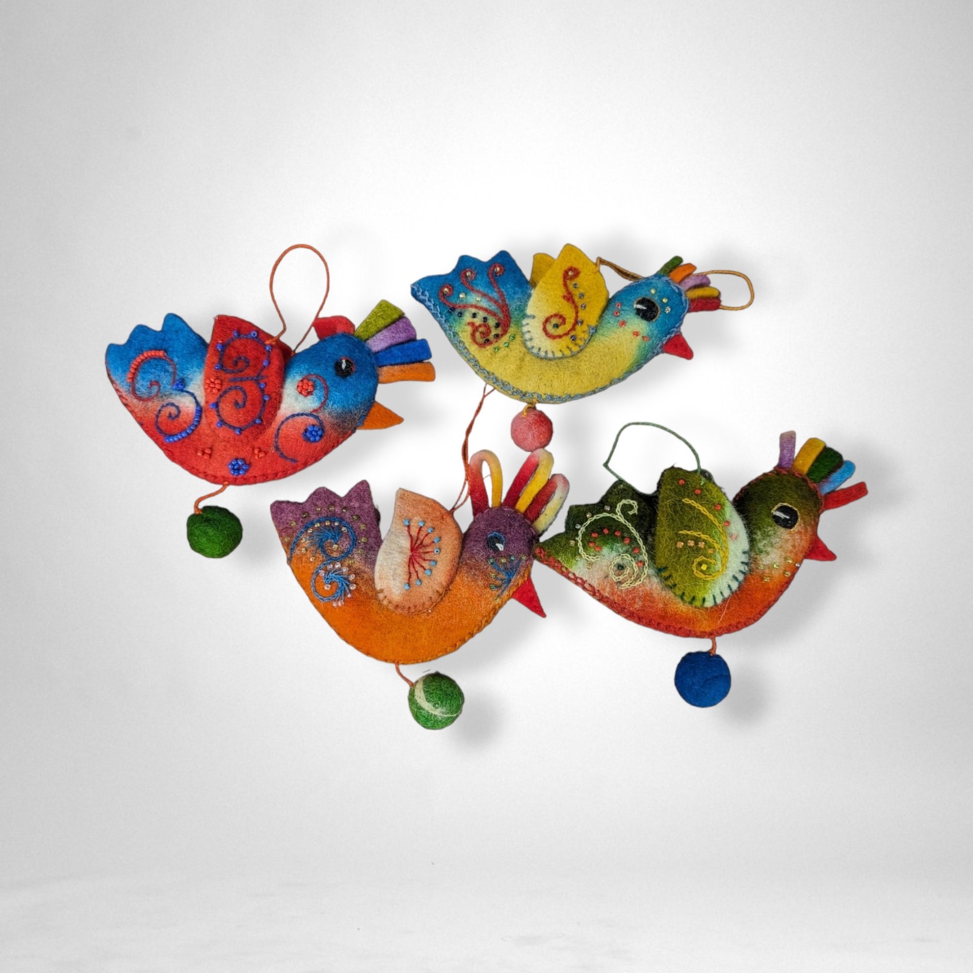 Set of 4 Felt Bird Ornaments - Charming Holiday Decor