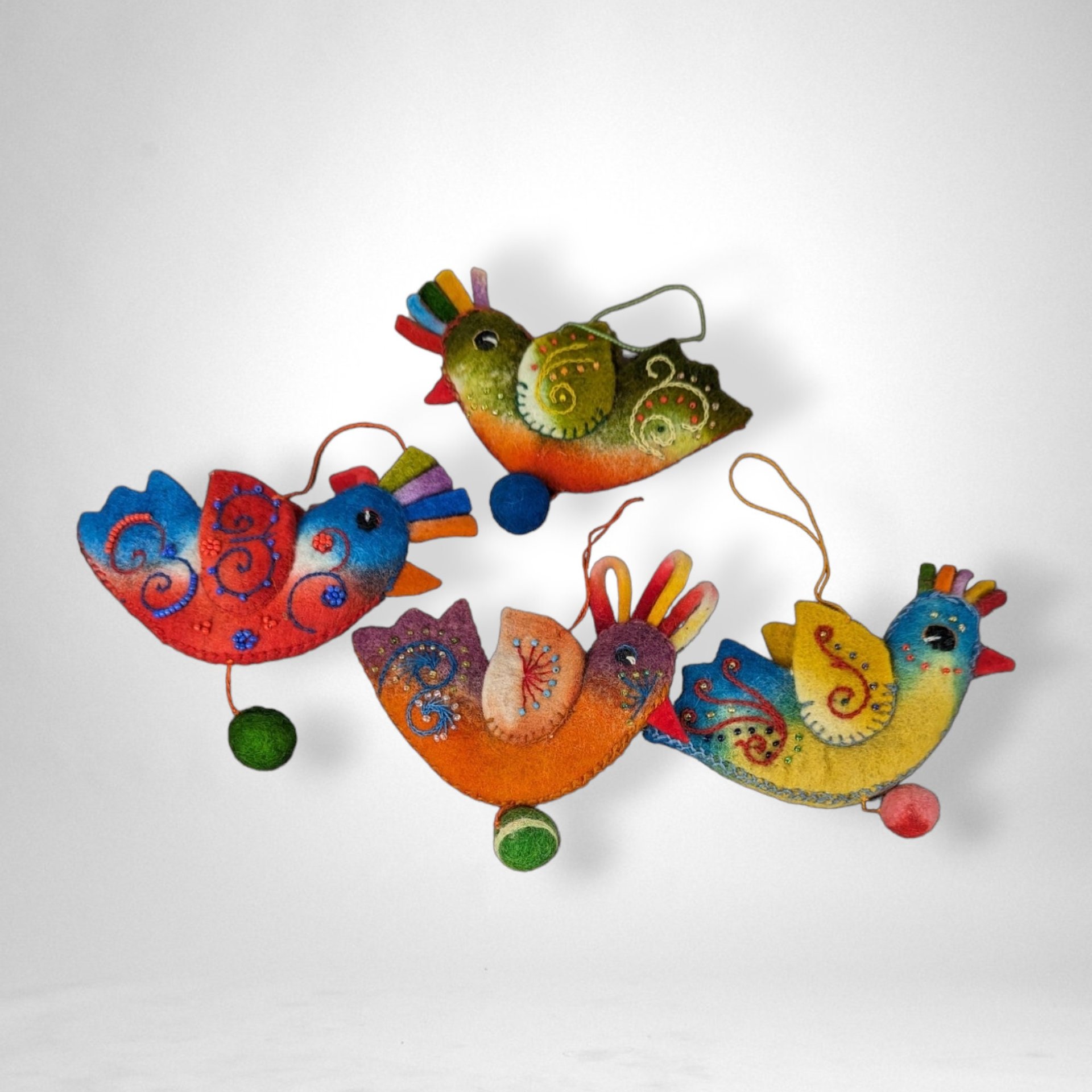 Set of 4 Felt Bird Ornaments - Charming Holiday Decor