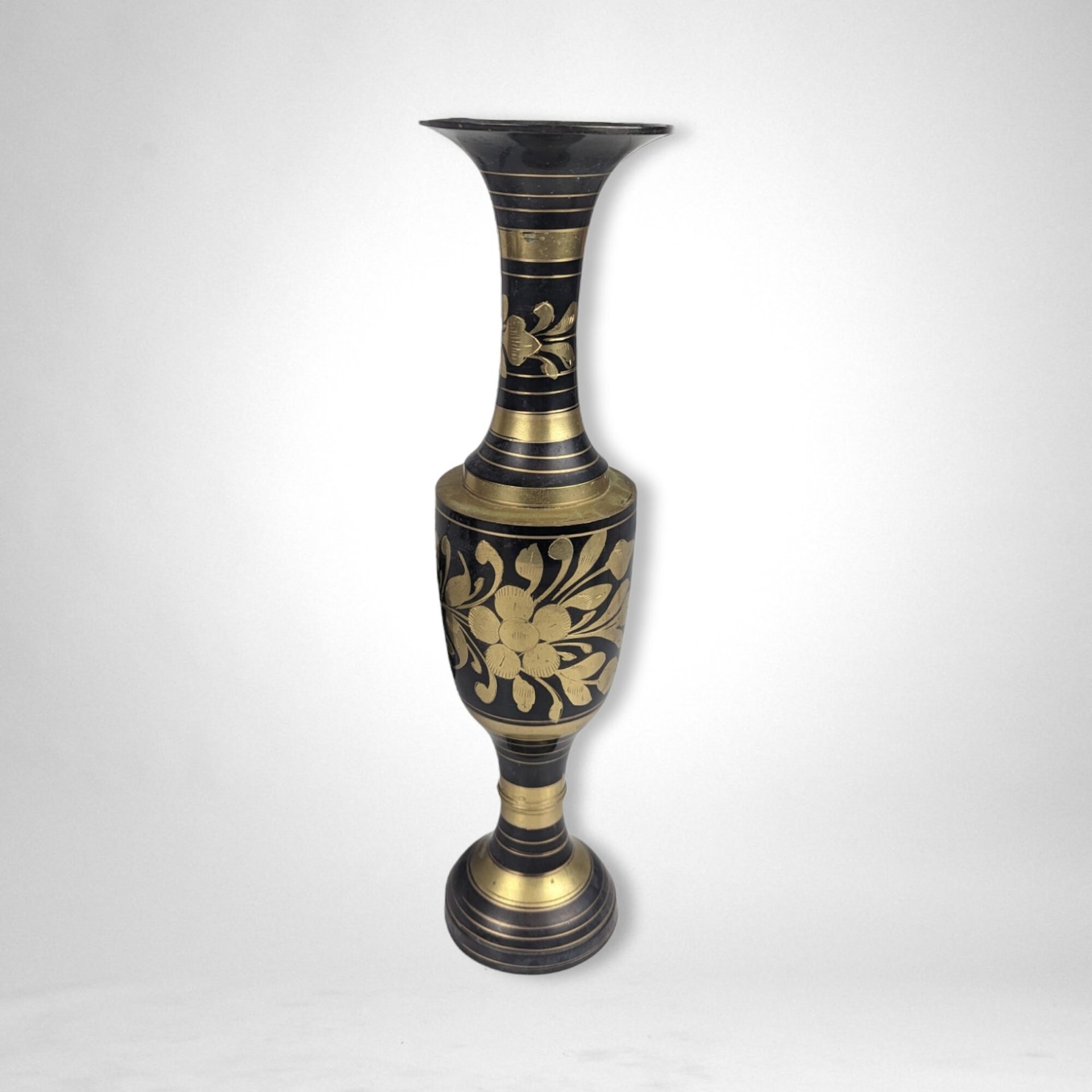 Exquisite Elegance: Vintage Brass and Black Vase from India
