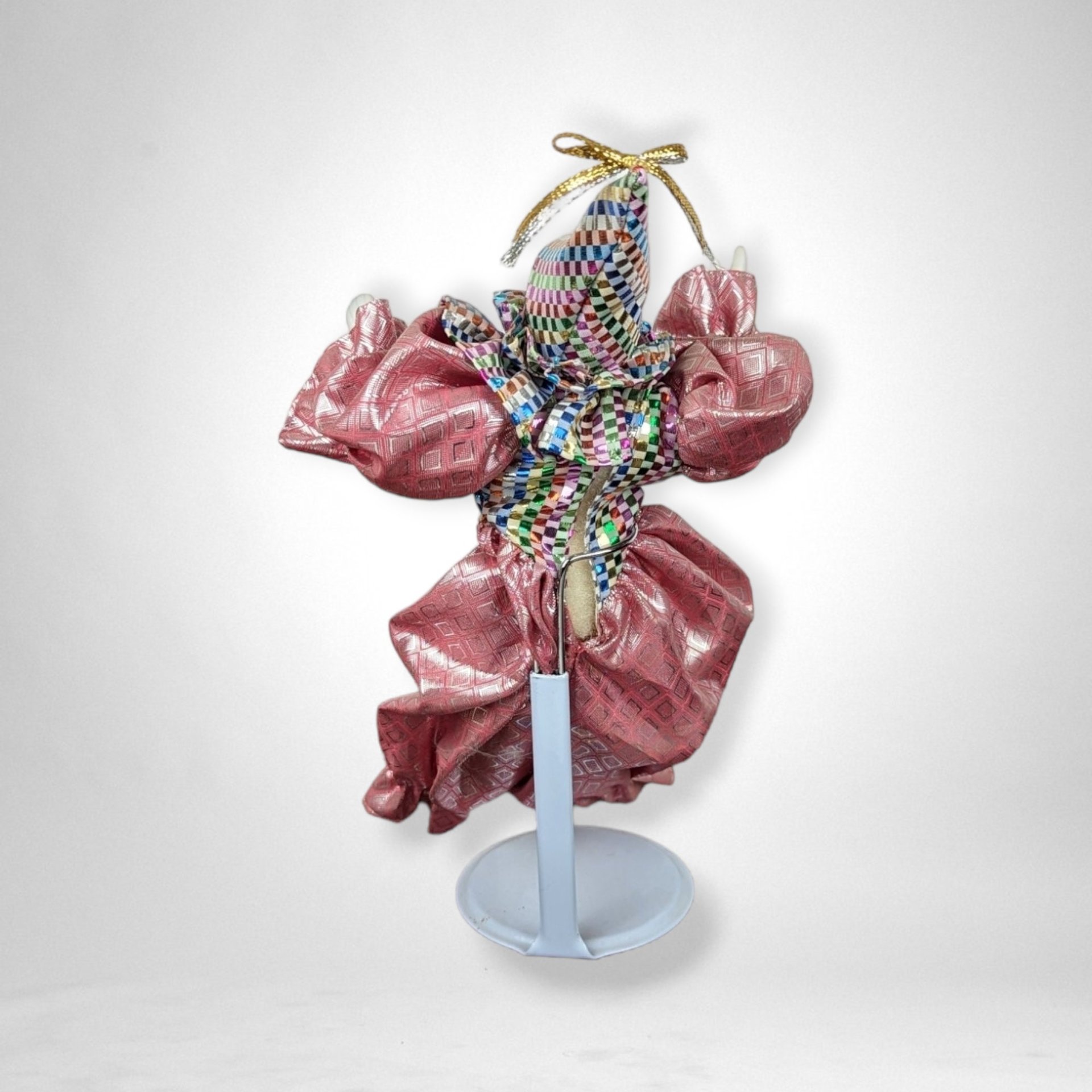 Vintage 10" Harlequin Doll in Pink with Stand