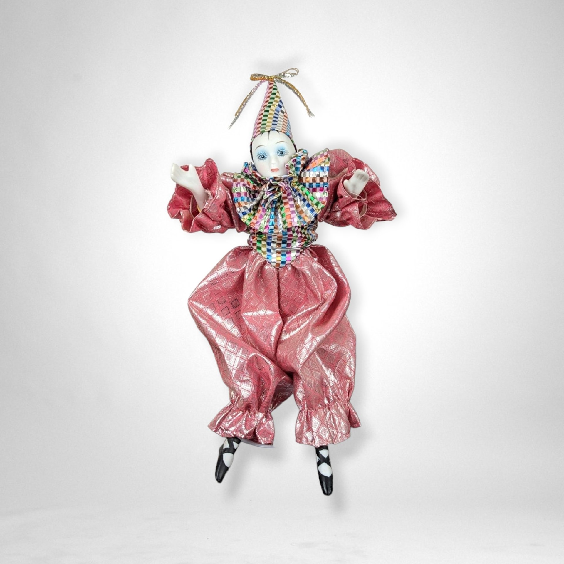 Vintage 10" Harlequin Doll in Pink with Stand