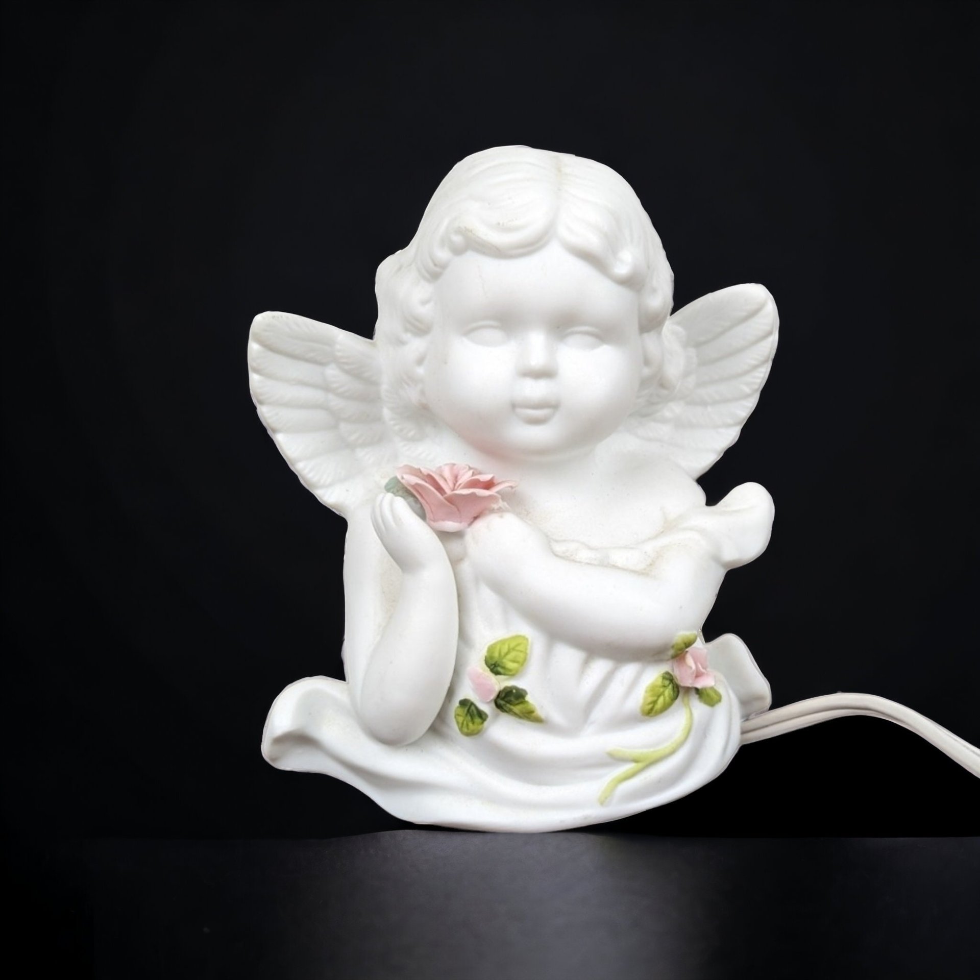 Vintage Ceramic Roman R.O.C White Cherub with Pink Flower Light: Charming Illumination