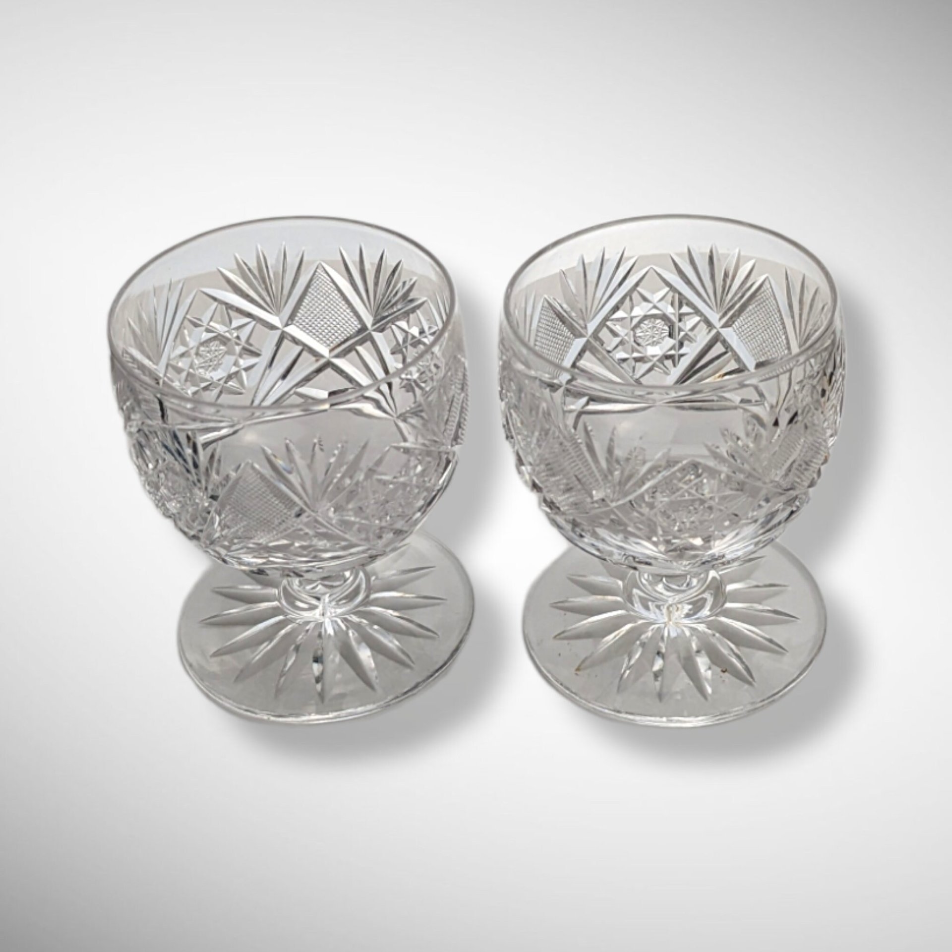 Exquisite Pair of Vintage Cut Crystal Cognac Glasses