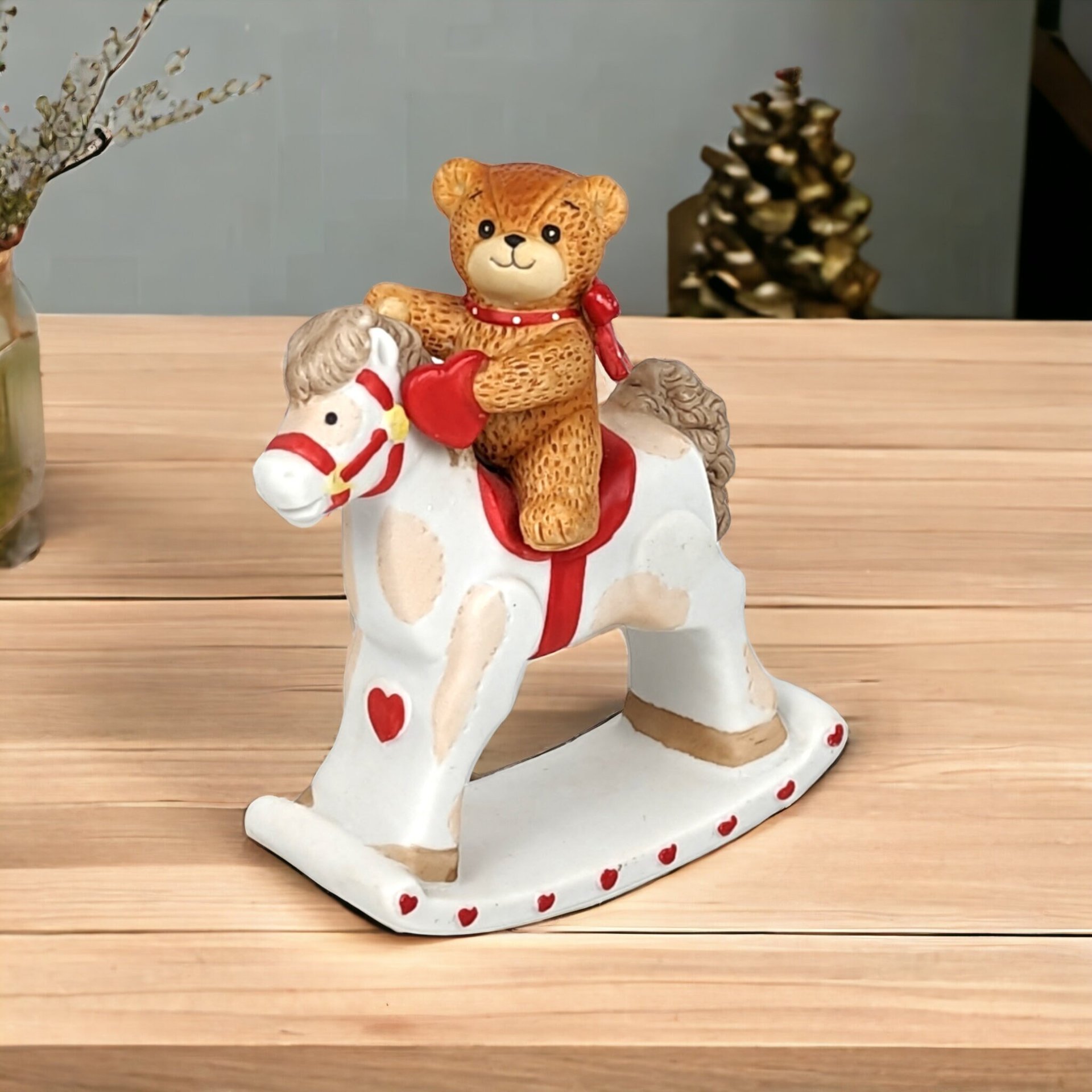1981 Enesco Lucy and Me Bear on Rocking Horse Figurine