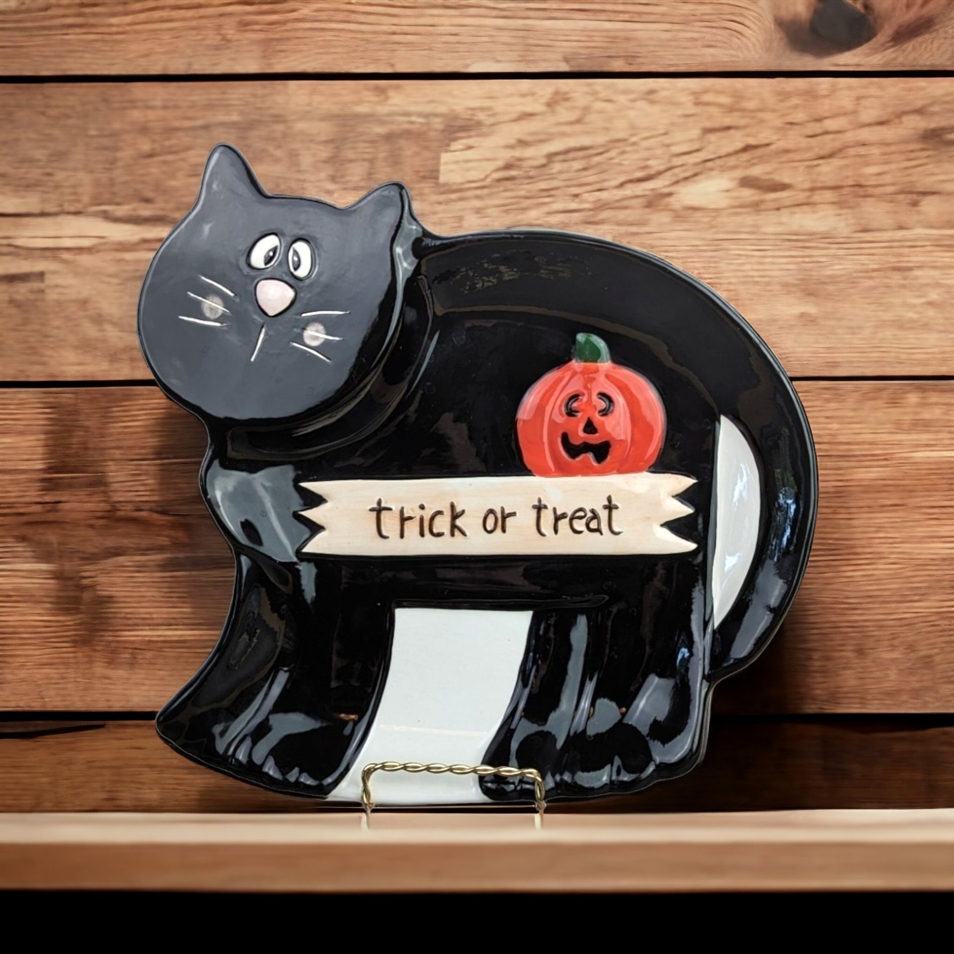Vintage Halloween Black Cat Ceramic Serving Tray | Palm Tree | 9.5" x 10.5" | Spooky Decor | Party Platter | Excellent Condition