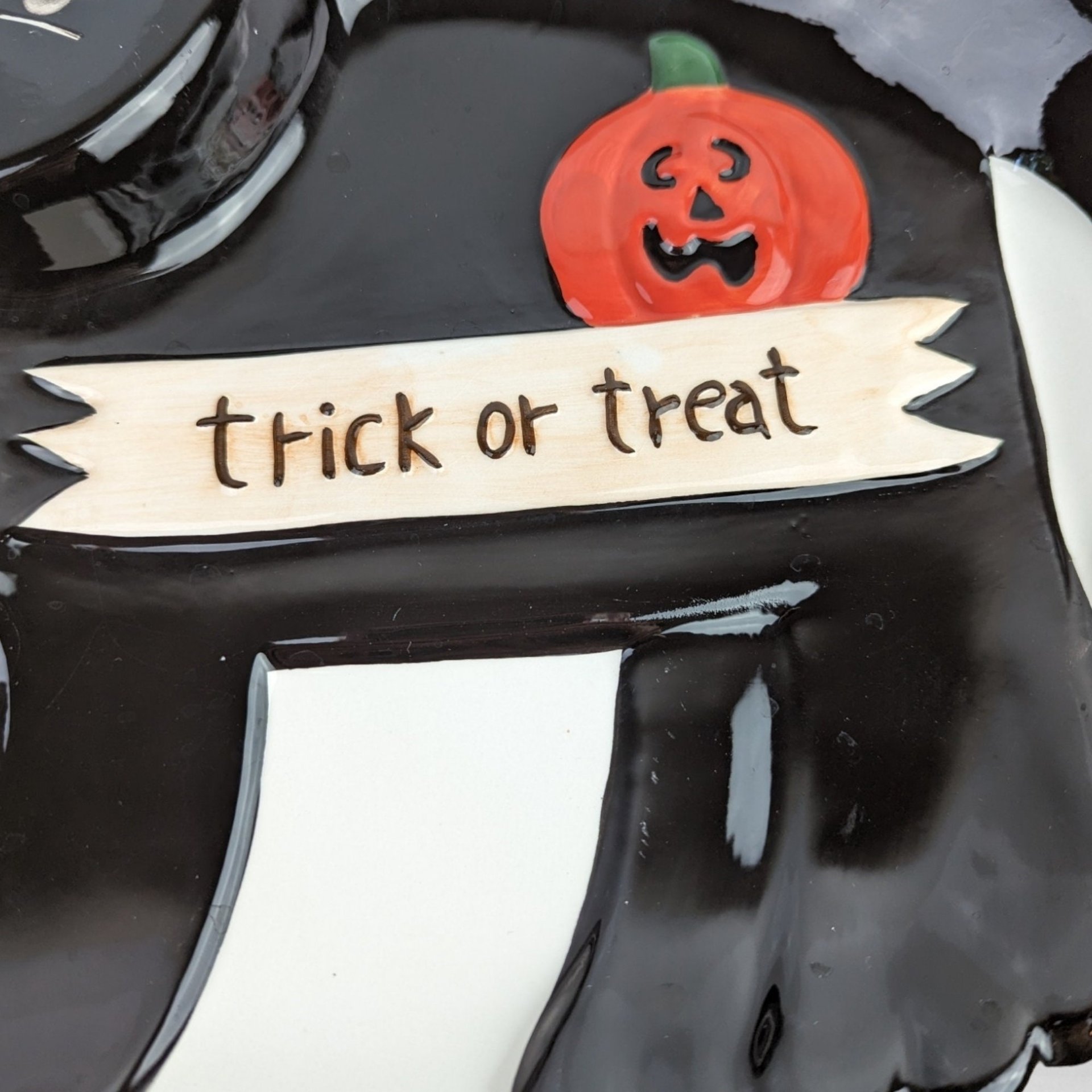 Vintage Halloween Black Cat Ceramic Serving Tray | Palm Tree | 9.5" x 10.5" | Spooky Decor | Party Platter | Excellent Condition