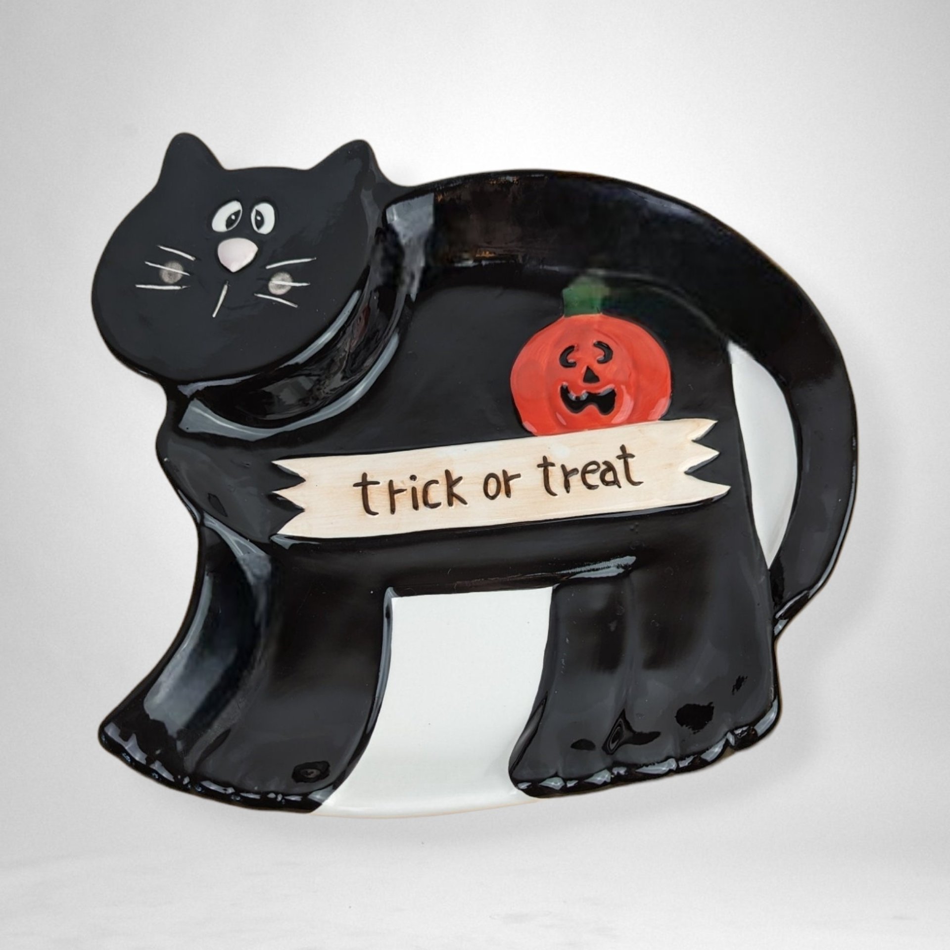 Vintage Halloween Black Cat Ceramic Serving Tray | Palm Tree | 9.5" x 10.5" | Spooky Decor | Party Platter | Excellent Condition