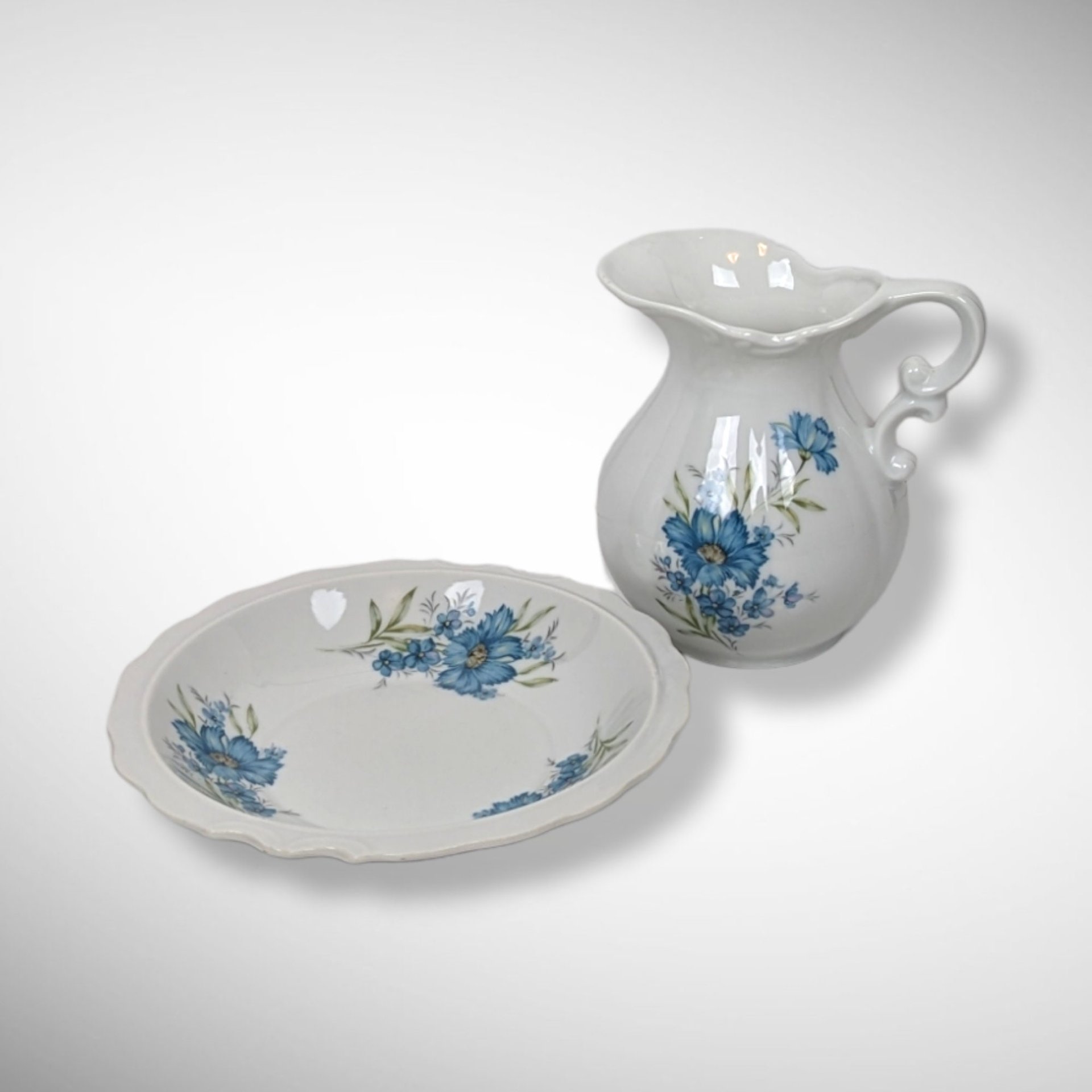 Vintage Inarco E-4542 Small Pitcher and Bowl Set with Blue Flowers