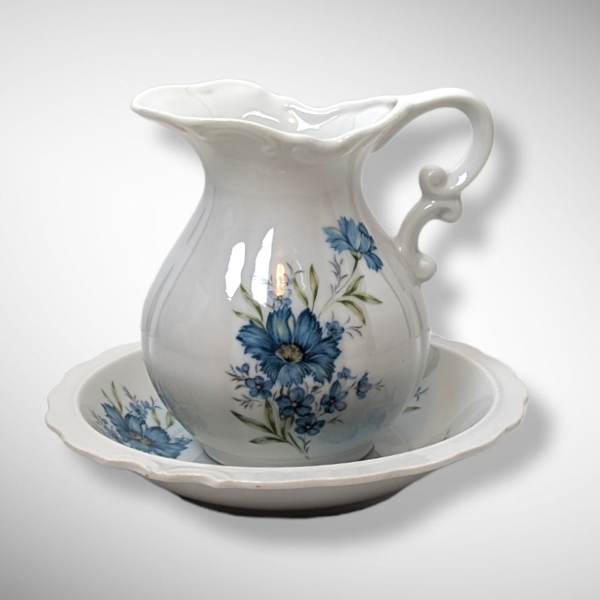 Vintage Inarco E-4542 Small Pitcher and Bowl Set with Blue Flowers