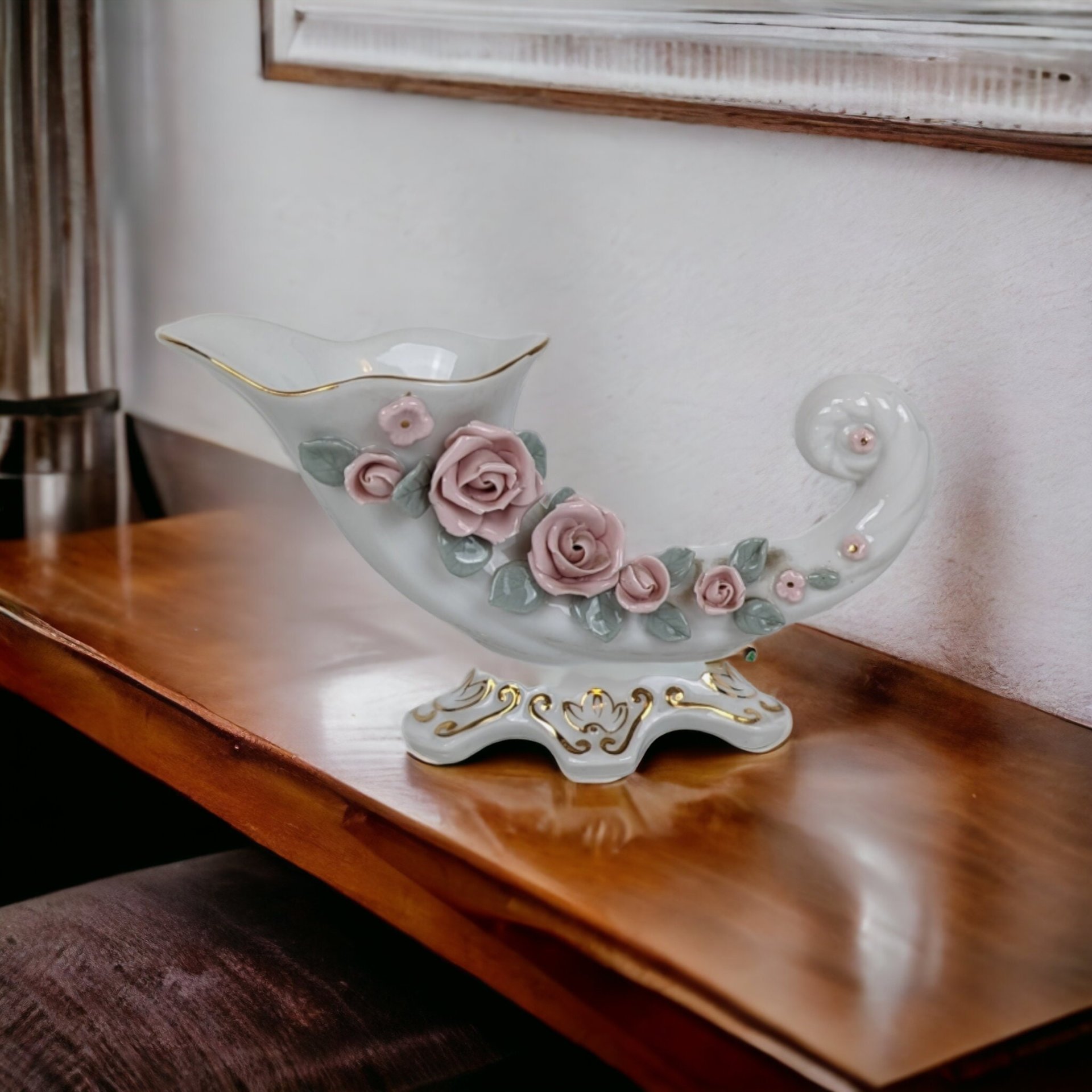 Hand Painted Lefton Cornucopia Vase with Pink Flowers