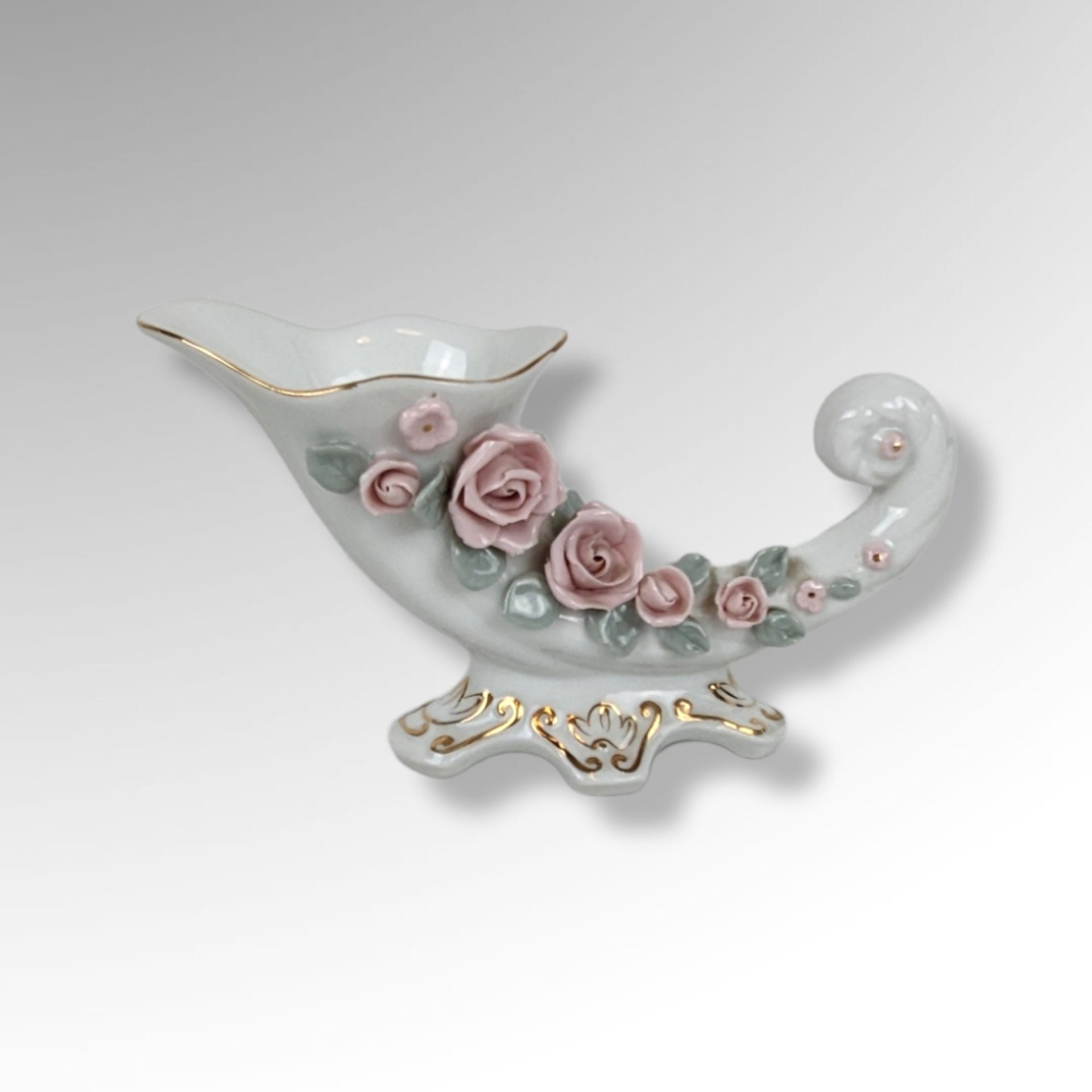 Hand Painted Lefton Cornucopia Vase with Pink Flowers