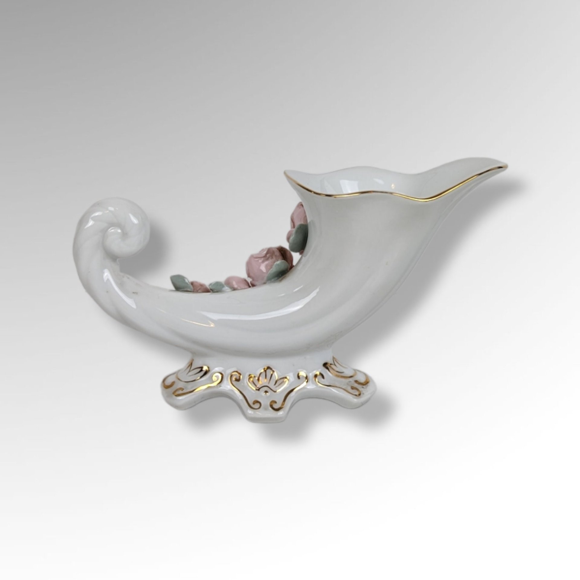 Hand Painted Lefton Cornucopia Vase with Pink Flowers