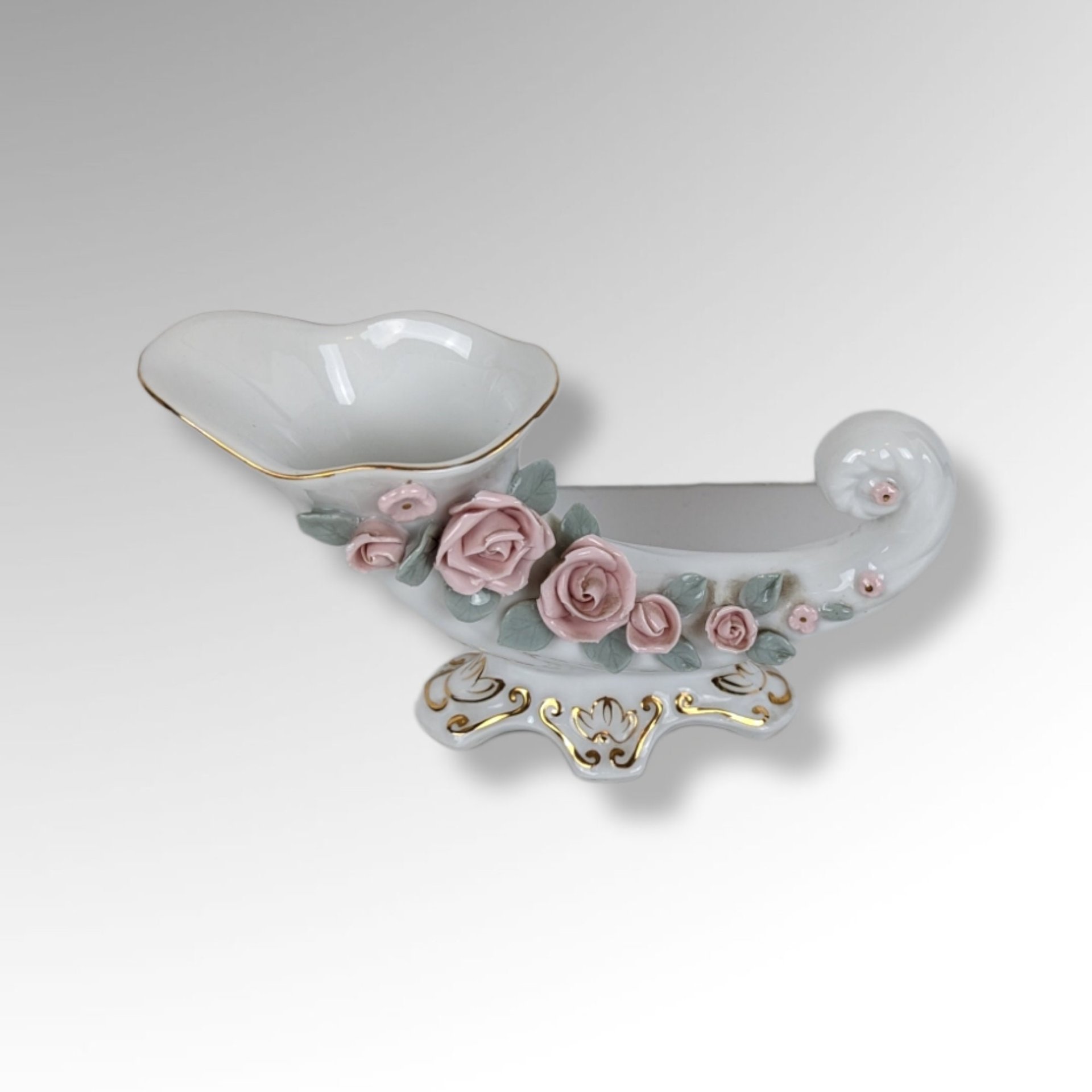 Hand Painted Lefton Cornucopia Vase with Pink Flowers