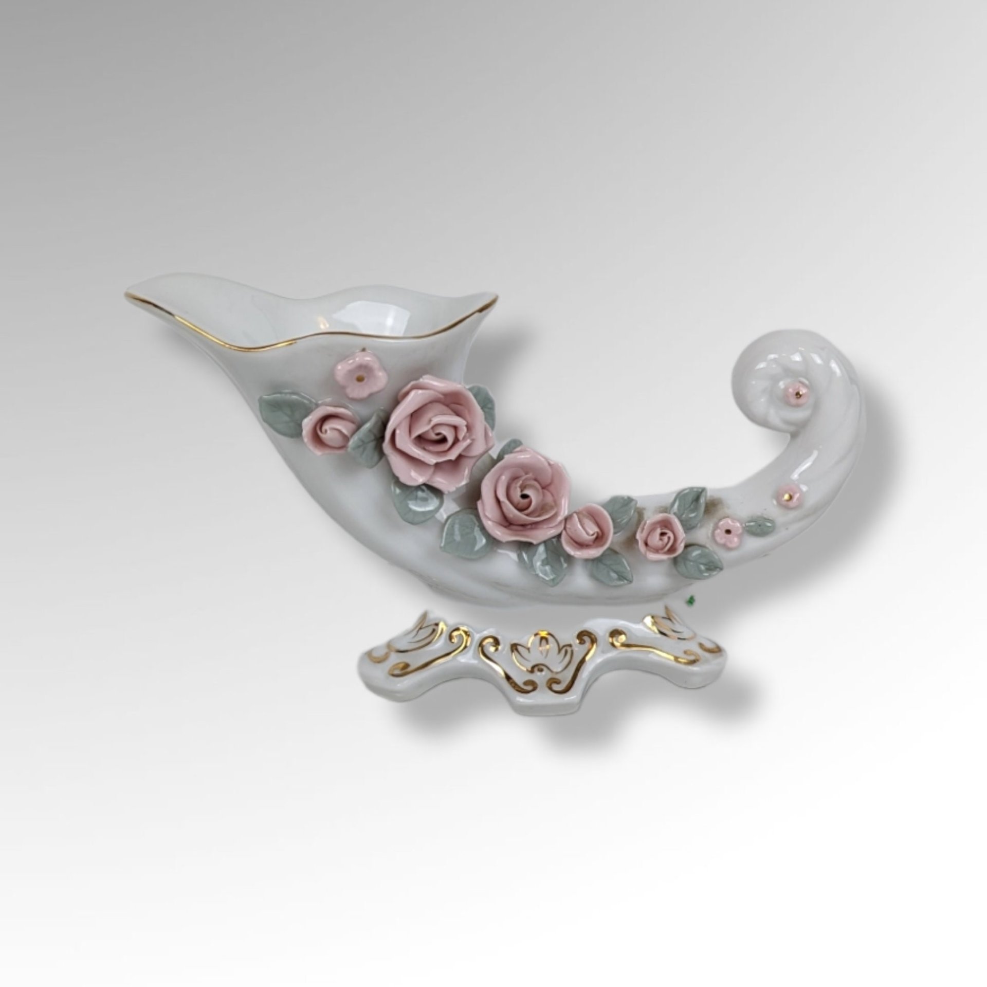 Hand Painted Lefton Cornucopia Vase with Pink Flowers