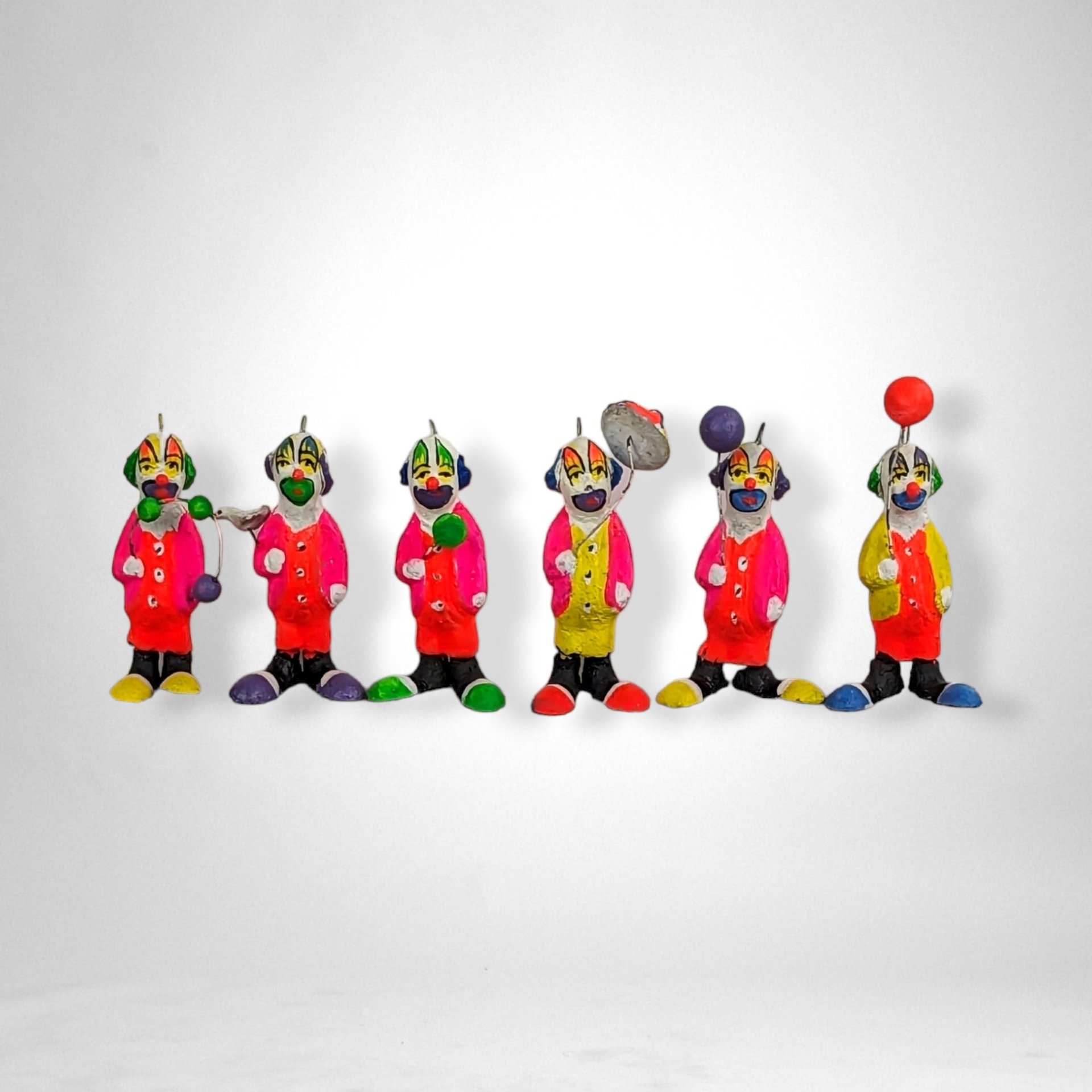 Set of 6 Small Vintage Paper Mache Folk Art Clown Figurines - Whimsical Collectibles