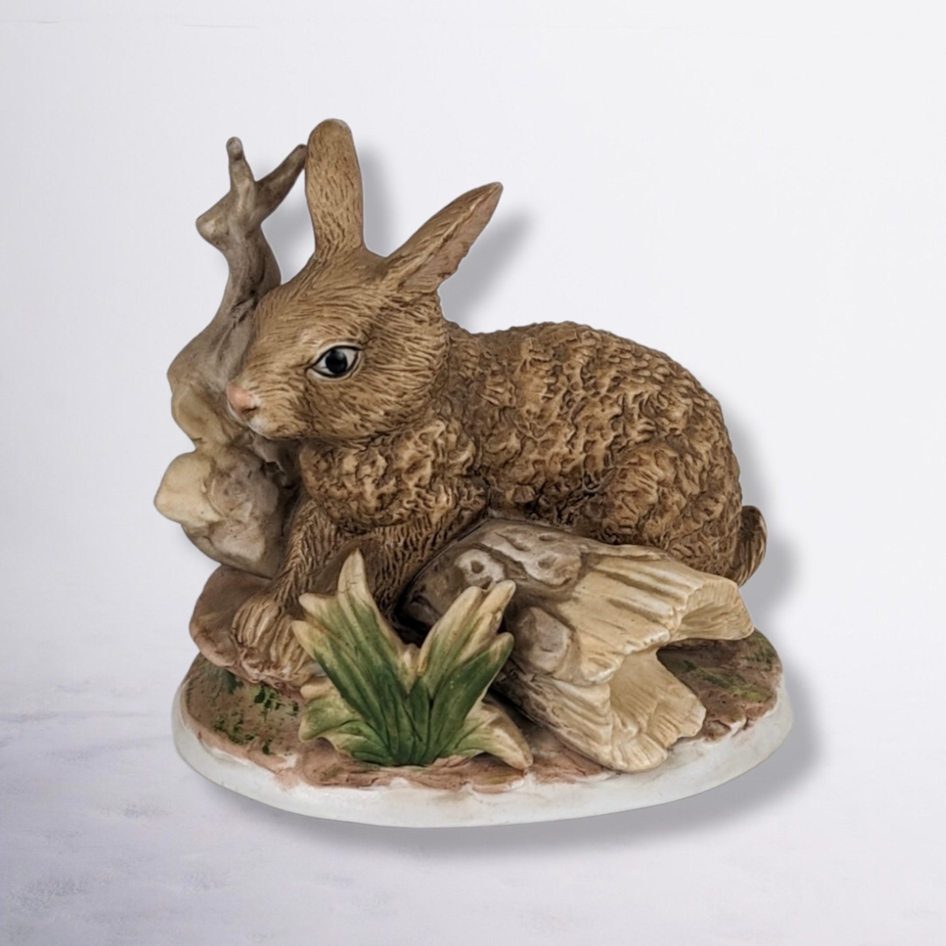 Homco Rabbit on Log Ceramic Figurine