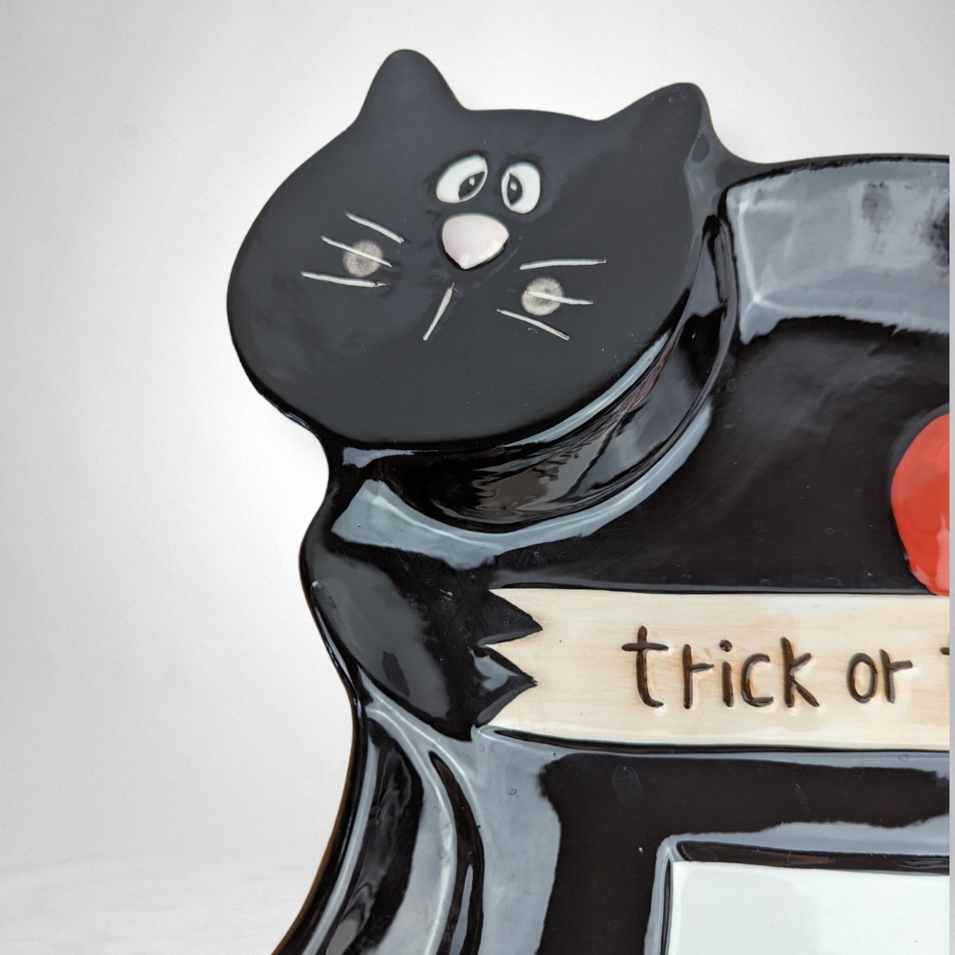 Vintage Halloween Black Cat Ceramic Serving Tray | Palm Tree | 9.5" x 10.5" | Spooky Decor | Party Platter | Excellent Condition