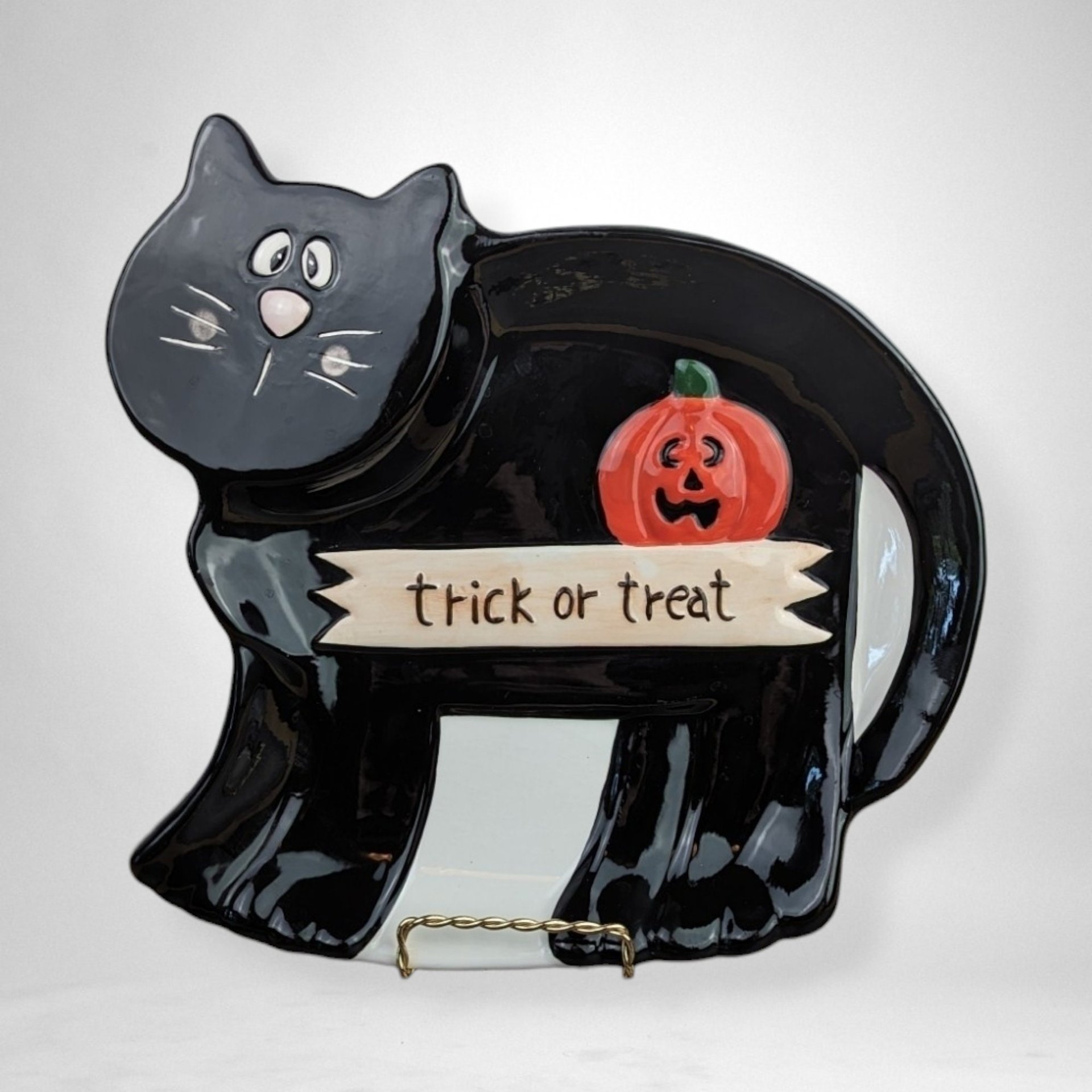 Vintage Halloween Black Cat Ceramic Serving Tray | Palm Tree | 9.5" x 10.5" | Spooky Decor | Party Platter | Excellent Condition