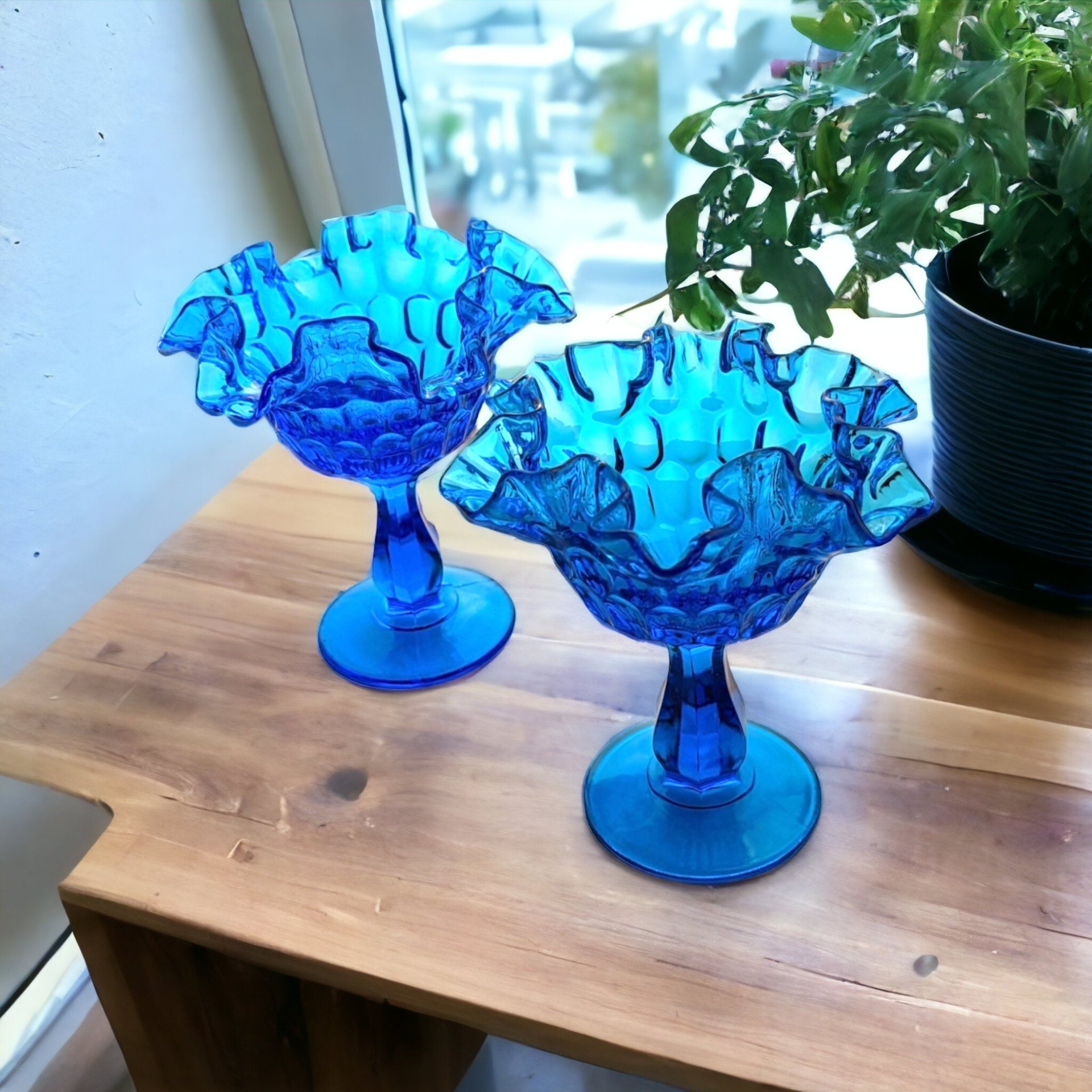 Pair of Fenton Colonial Blue Thumbprint Compotes