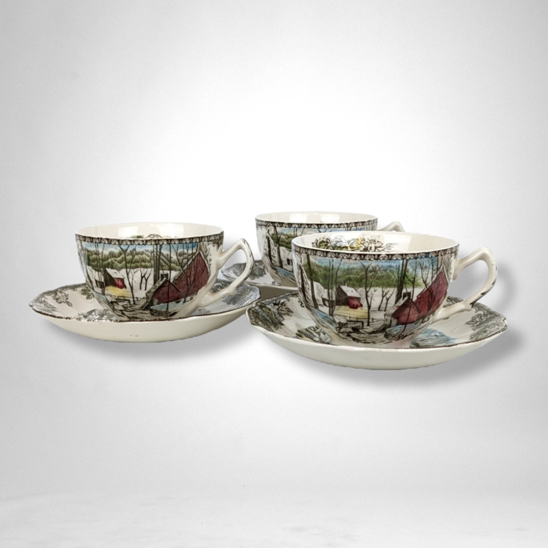Set of 3 Johnson Bros Friendly Village Ice House Cup and Saucer Sets - Charming Collectible Tableware