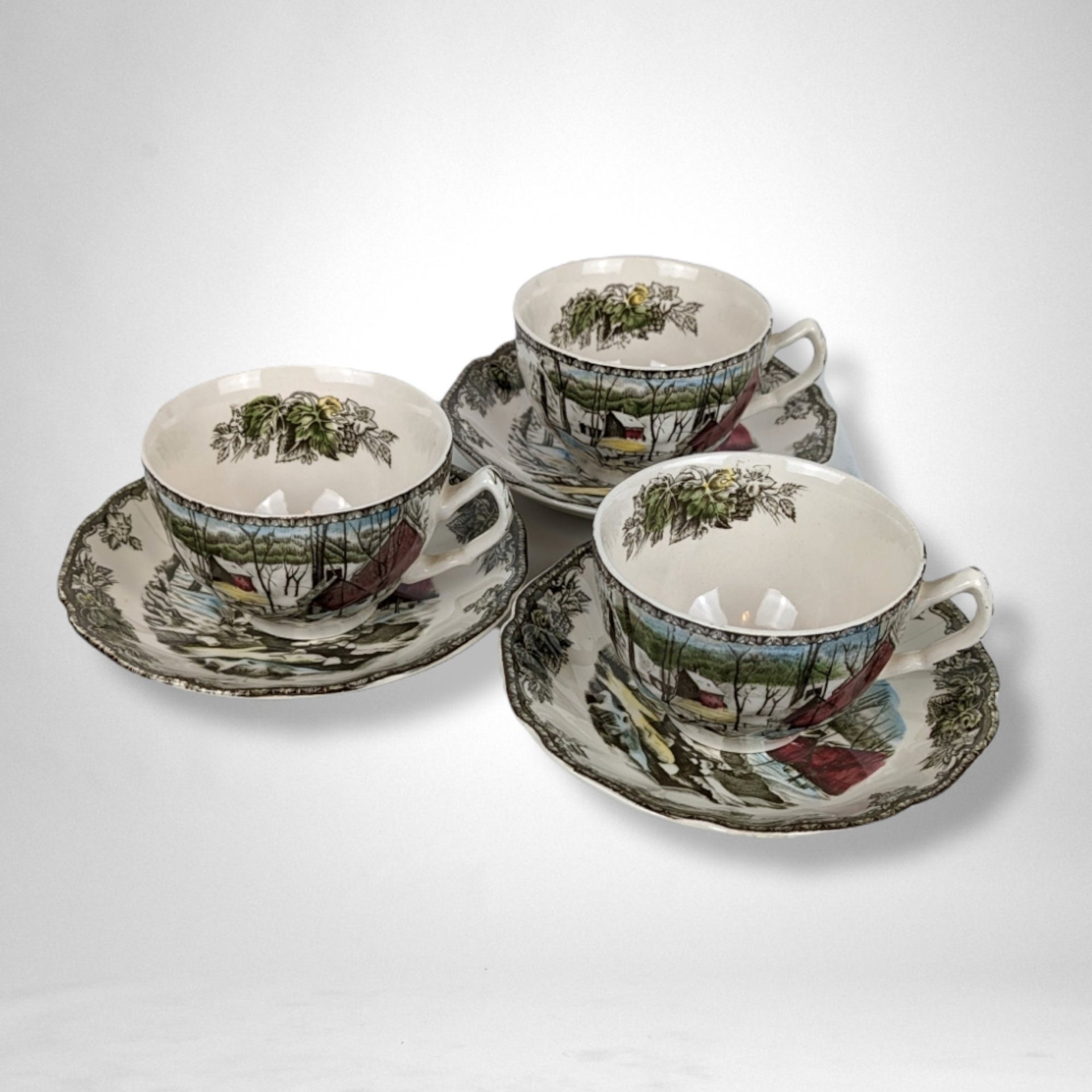 Set of 3 Johnson Bros Friendly Village Ice House Cup and Saucer Sets - Charming Collectible Tableware